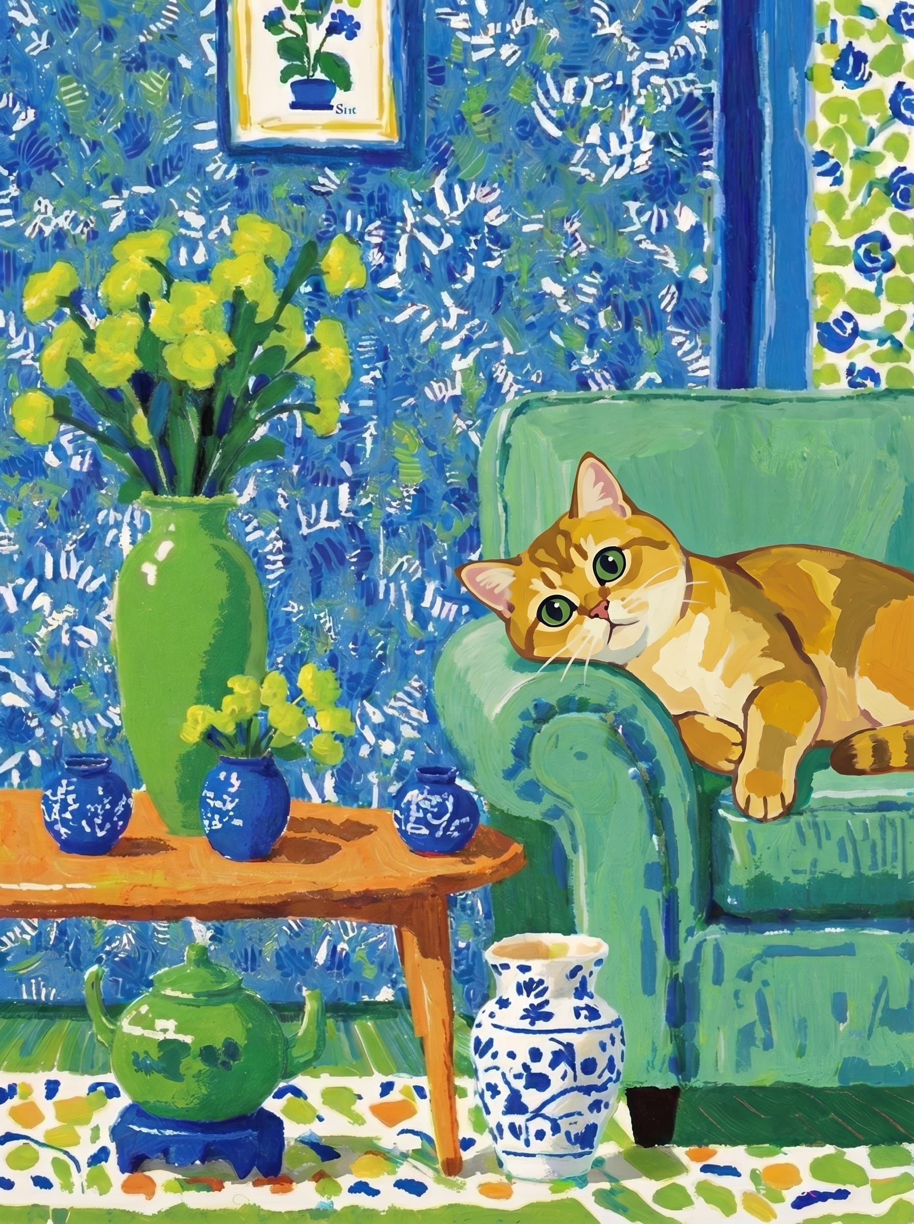 A pet lazy lying on the couch, with head tilt on the edge of couch, eye looking at the the vase. Art Style: Paint in Fauvism, post-impressionism style. Use simplified shapes, exaggerates color, and flattens perspective to create charm and personality.
Use saturated, non-naturalistic colors and flattened perspective reminiscent of Henri Matisse.
The brushwork is loose, visible, and painterly, with uneven strokes that give the surface texture and movement.
Paint with large areas of flat color patches, simplified shapes, bold decorative outlines, and minimal blending.
The composition is flattened and slightly distorted, with compressed perspective.
The painting is expressive, utilizing thick, confident strokes and quick, rhythmic marks that prioritize texture and visual energy over realistic blending or depth.