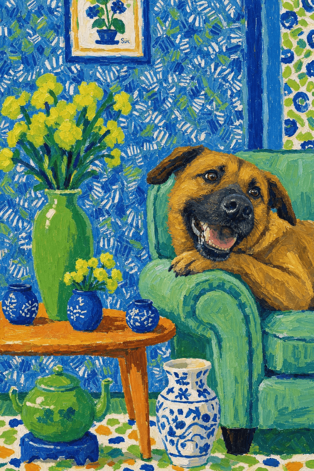 A pet lazy lying on the couch, with head tilt on the edge of couch, eye looking at the the vase. paint in post-impressionism style. Use saturated, non-naturalistic colors and flattened perspective reminiscent of Henri Matisse. painterly and expressive, utilizing thick, confident strokes and quick, rhythmic marks that prioritize texture and visual energy over realistic blending or depth.