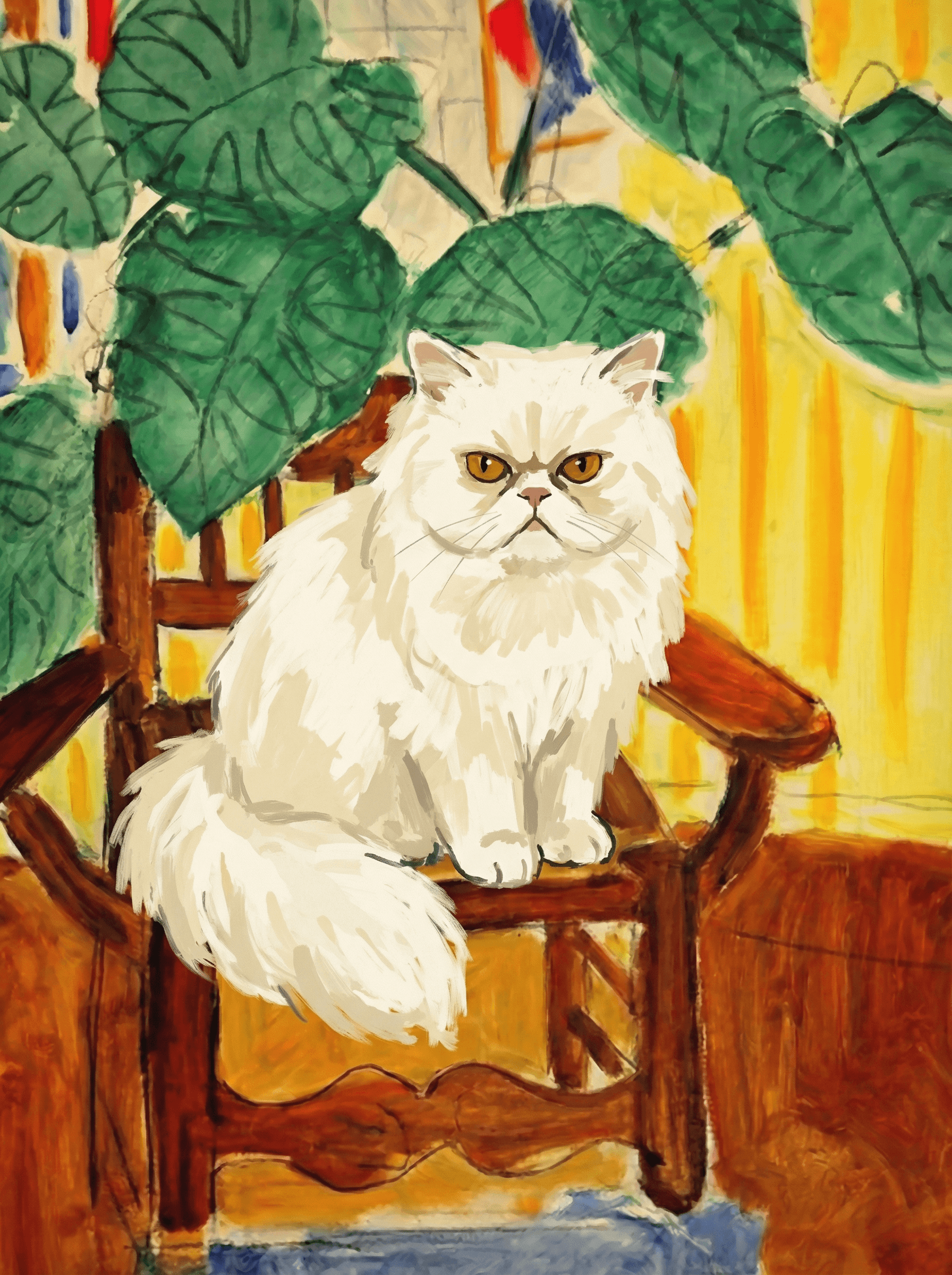 A pet sitting on a brown chair, looking at the viewer. Colors are applied with minimal blending, creating a flat, illustrative feel. The brushwork is broad, rapid, and direct. Strokes are loose, visible, applied thinly, defining the forms quickly without building up significant physical texture or impasto on the surface.