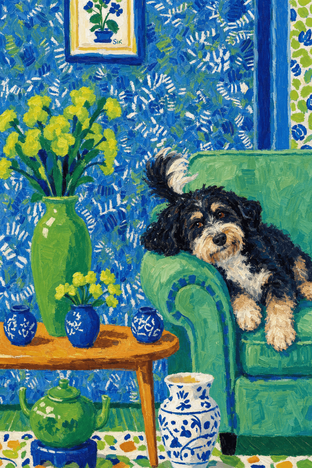 A pet lazy lying on the couch, with head tilt on the edge of couch, eye looking at the the vase. paint in post-impressionism style. Use saturated, non-naturalistic colors and flattened perspective reminiscent of Henri Matisse. painterly and expressive, utilizing thick, confident strokes and quick, rhythmic marks that prioritize texture and visual energy over realistic blending or depth.