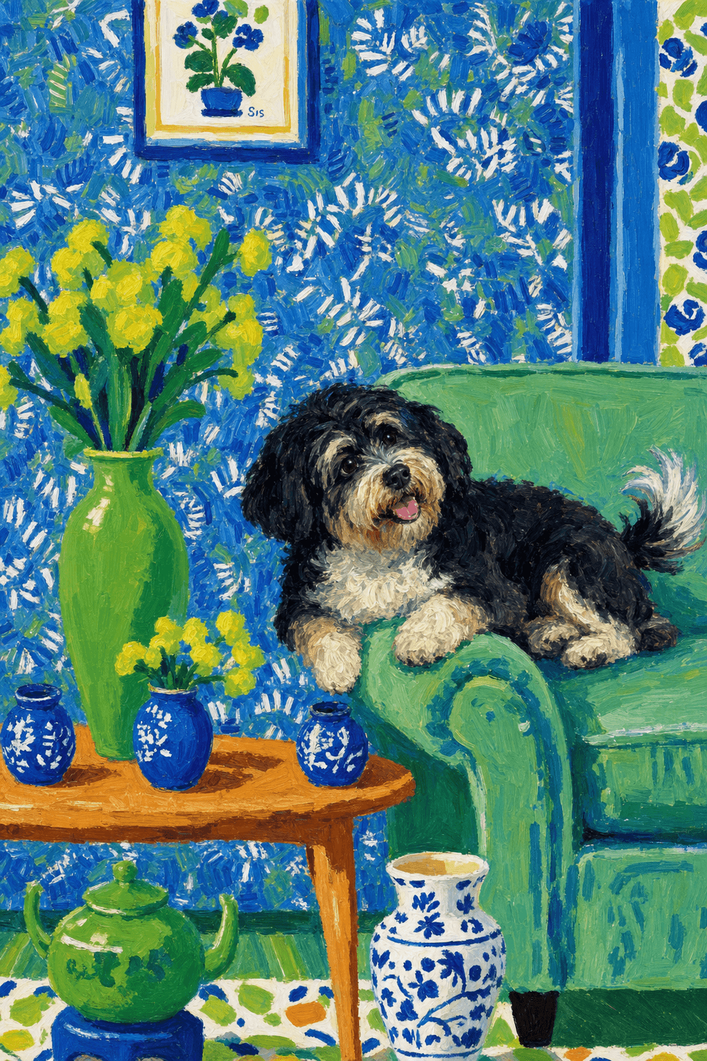 A pet lazy lying on the couch, with head tilt on the edge of couch, eye looking at the the vase. paint in post-impressionism style. Use saturated, non-naturalistic colors and flattened perspective reminiscent of Henri Matisse. painterly and expressive, utilizing thick, confident strokes and quick, rhythmic marks that prioritize texture and visual energy over realistic blending or depth.