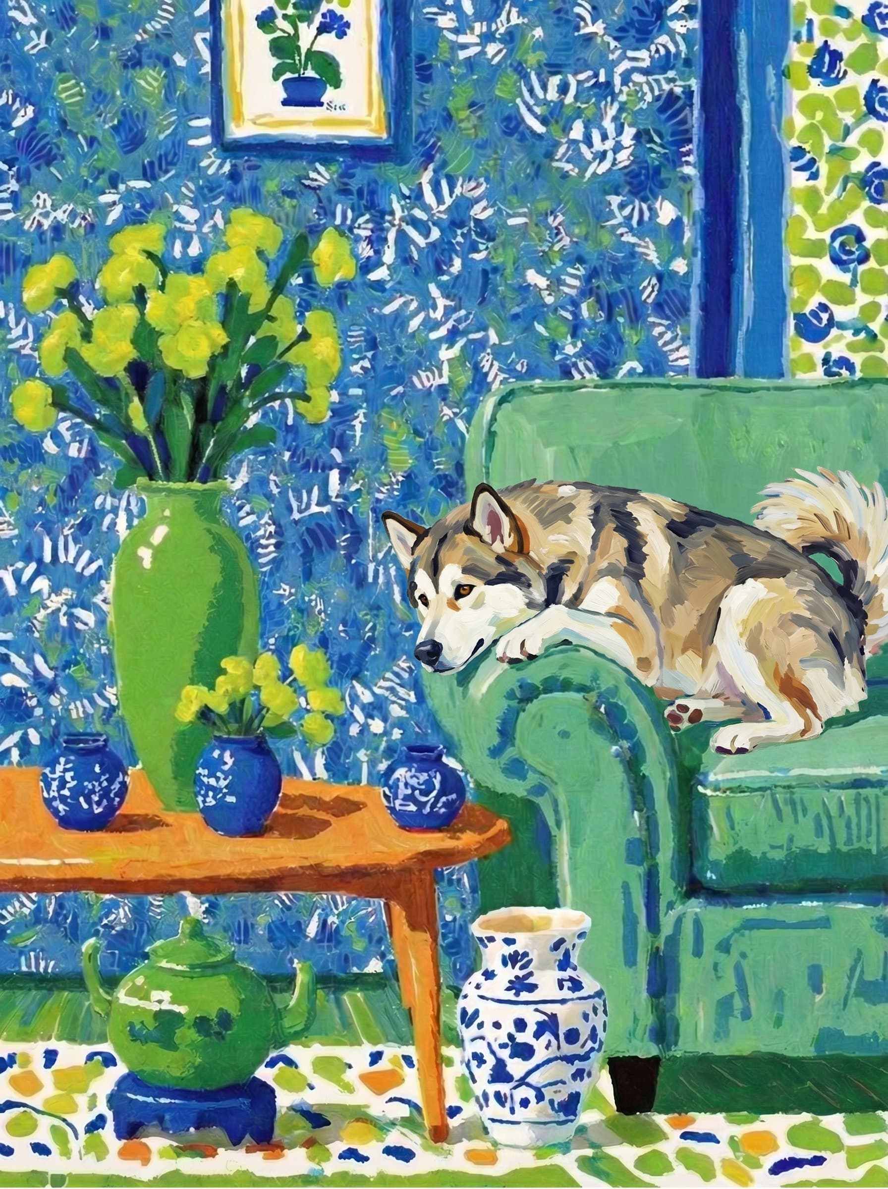 A pet lazy lying on the couch, with head tilt on the edge of couch, eye looking at the the vase. paint in post-impressionism style. Use saturated, non-naturalistic colors and flattened perspective reminiscent of Henri Matisse. painterly and expressive, utilizing thick, confident strokes and quick, rhythmic marks that prioritize texture and visual energy over realistic blending or depth.
