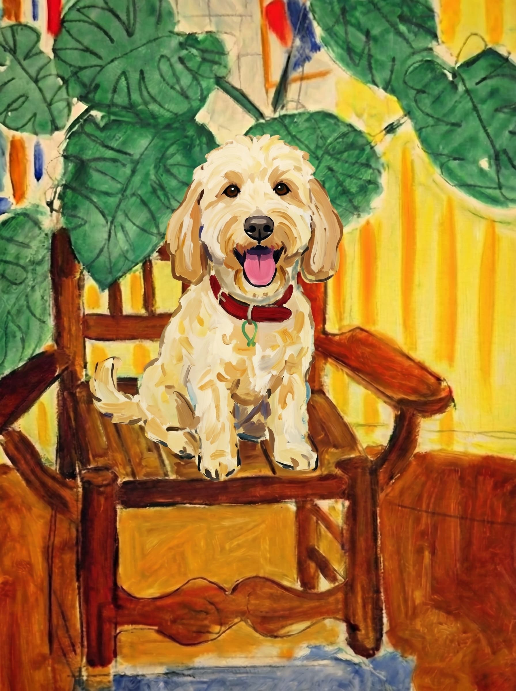 A pet sitting on a brown chair, looking at the viewer. Colors are applied with minimal blending, creating a flat, illustrative feel. The brushwork is broad, rapid, and direct. Strokes are loose, visible, applied thinly, defining the forms quickly without building up significant physical texture or impasto on the surface.