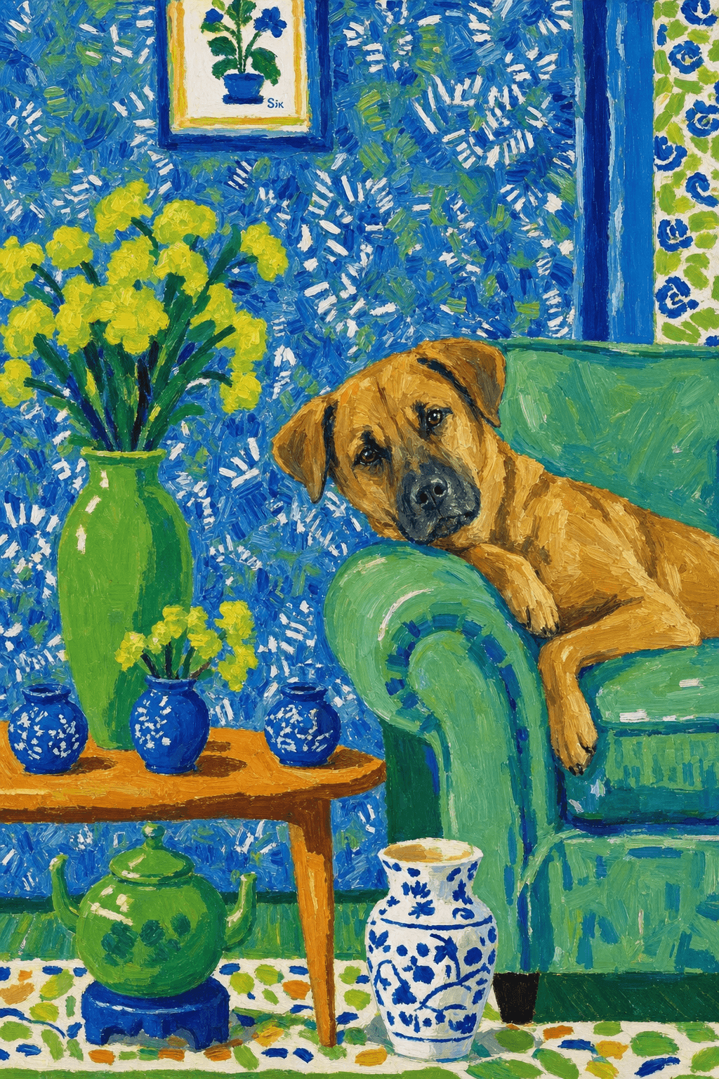 A pet lazy lying on the couch, with head tilt on the edge of couch, eye looking at the the vase. paint in post-impressionism style. Use saturated, non-naturalistic colors and flattened perspective reminiscent of Henri Matisse. painterly and expressive, utilizing thick, confident strokes and quick, rhythmic marks that prioritize texture and visual energy over realistic blending or depth.