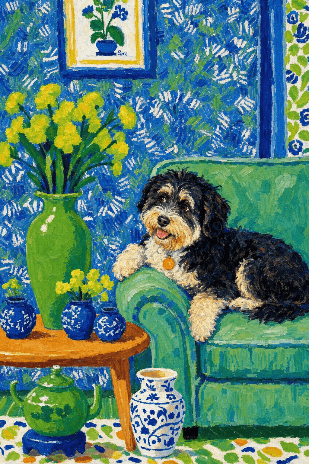 A pet lazy lying on the couch, with head tilt on the edge of couch, eye looking at the the vase. paint in post-impressionism style. Use saturated, non-naturalistic colors and flattened perspective reminiscent of Henri Matisse. painterly and expressive, utilizing thick, confident strokes and quick, rhythmic marks that prioritize texture and visual energy over realistic blending or depth.