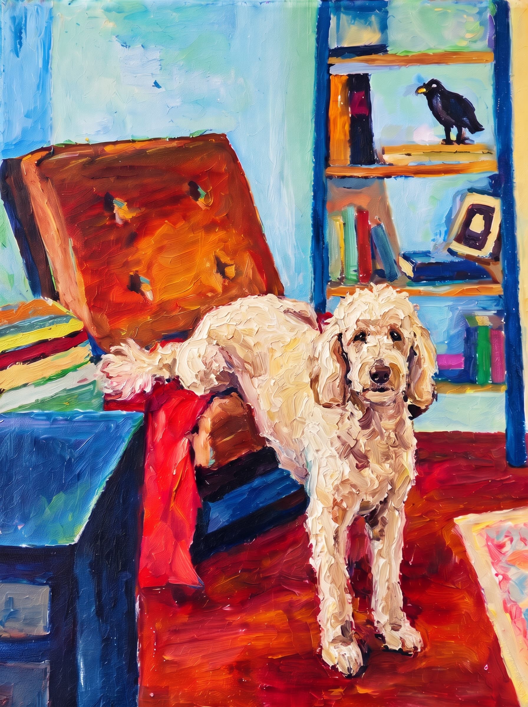An oil painting in an Impressionist impasto style depicts a warm, cozy indoor space centered around a large, reclined armchair featuring a brown tufted cushion and a vivid red blanket draped across its seat.
      Behind the chair stands a rich blue bookshelf adorned with colorful books, a picture frame, and a dark bird figurine perched on the top shelf.
      To the left, a matching blue side table holds stacked books, while the room's floor glows in deep mahogany and amber hues alongside a patterned pastel rug.
      The vibrant composition is completed by a background of soft turquoise, sky blue, and buttery yellow wall tones, all rendered with thick, visible brushstrokes that lend a lively texture to the scene.
      The pet is standing upright on its two front legs, which rest on the dark reddish floor in the foreground. Its rear legs and body are elevated, resting on the seat of the brown reclined armchair, draped over the red blanket.
      Paint the pet with the same thick impasto brushstrokes and vivid palette as the rest of the painting.