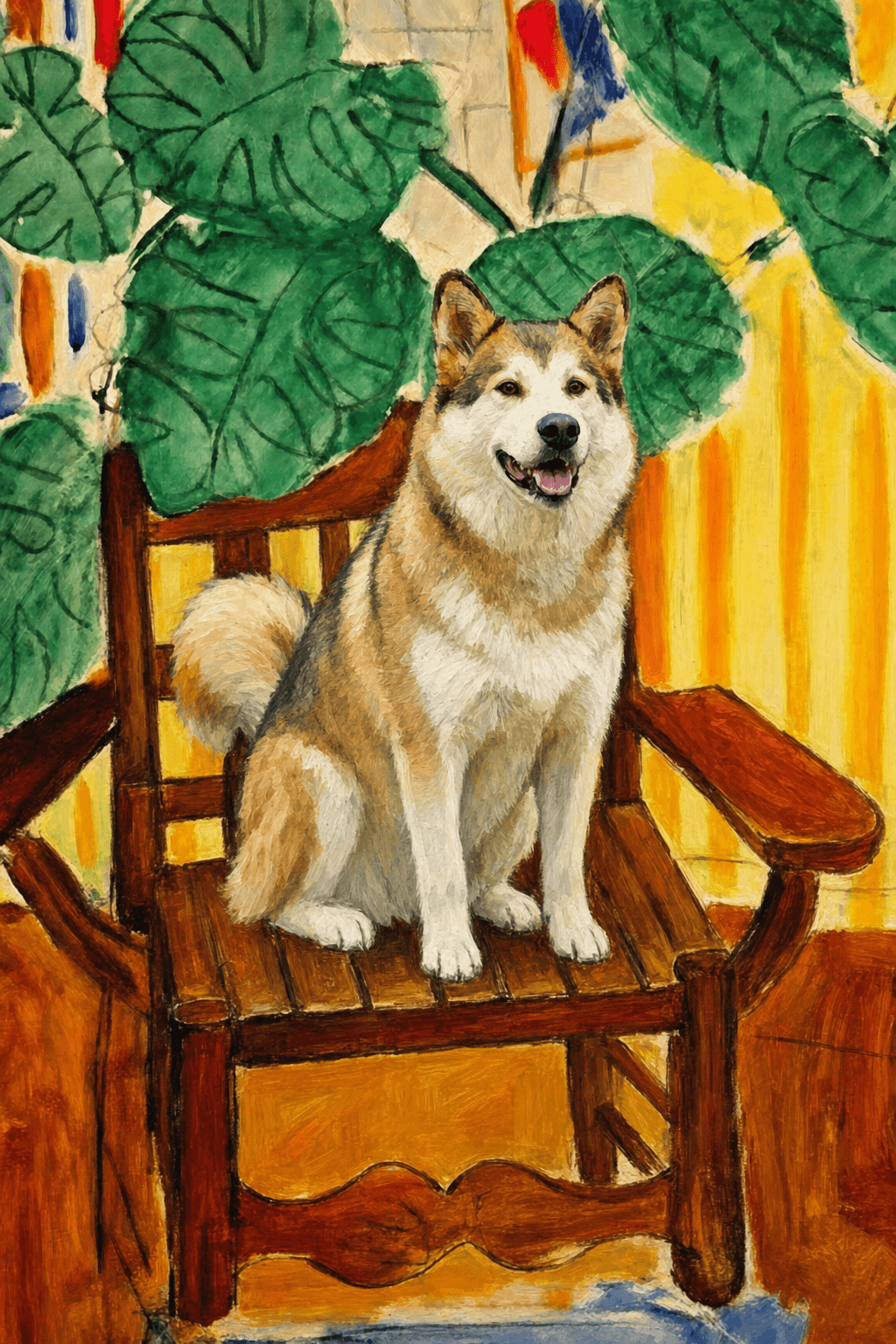 A pet sitting on a brown chair, looking at the viewer. Colors are applied with minimal blending, creating a flat, illustrative feel. The brushwork is broad, rapid, and direct. Strokes are loose, visible, applied thinly, defining the forms quickly without building up significant physical texture or impasto on the surface.