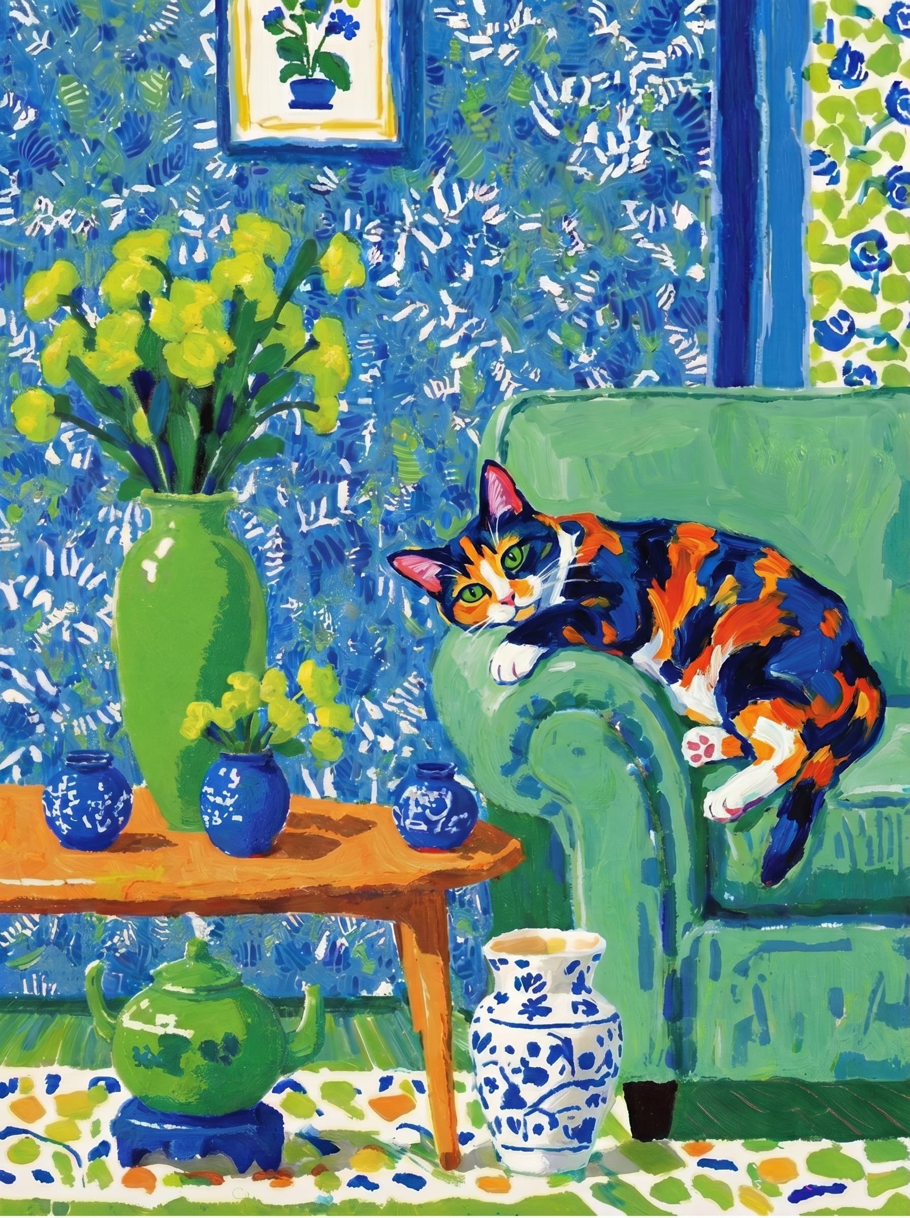 A pet lazy lying on the couch, with head tilt on the edge of couch, eye looking at the the vase. paint in post-impressionism style. Use saturated, non-naturalistic colors and flattened perspective reminiscent of Henri Matisse. painterly and expressive, utilizing thick, confident strokes and quick, rhythmic marks that prioritize texture and visual energy over realistic blending or depth.