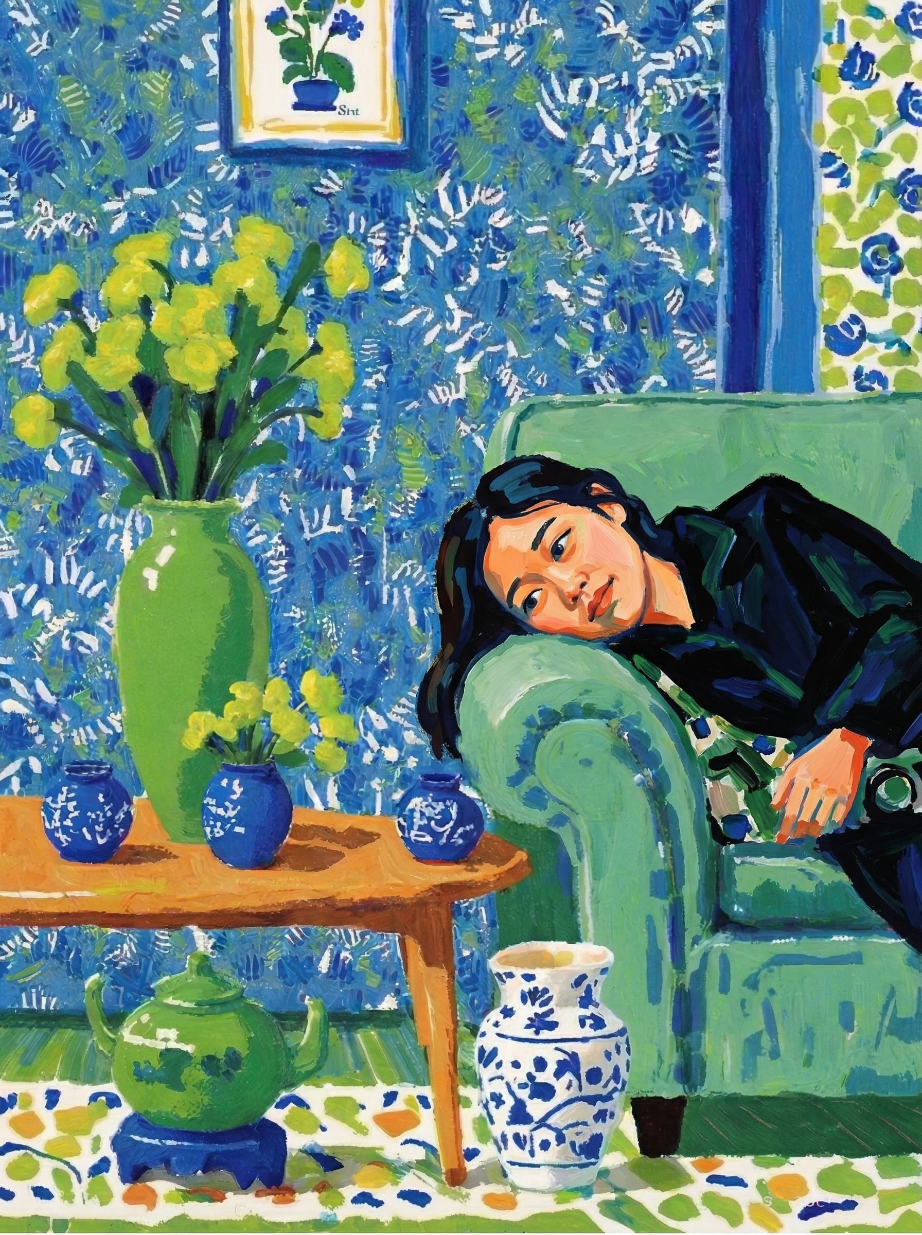 A pet lazy lying on the couch, with head tilt on the edge of couch, eye looking at the the vase. paint in post-impressionism style. Use saturated, non-naturalistic colors and flattened perspective reminiscent of Henri Matisse. painterly and expressive, utilizing thick, confident strokes and quick, rhythmic marks that prioritize texture and visual energy over realistic blending or depth.