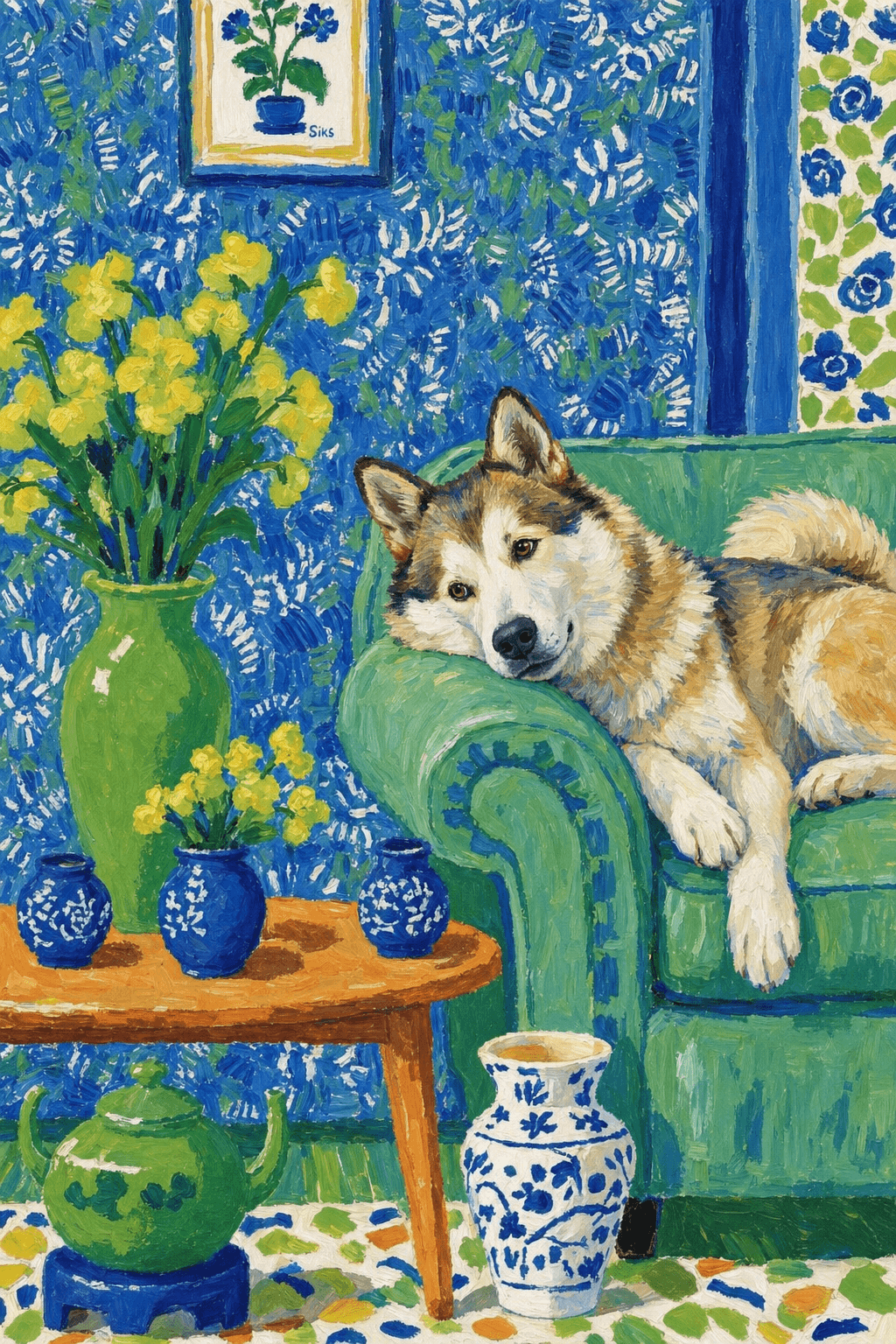 A pet lazy lying on the couch, with head tilt on the edge of couch, eye looking at the the vase. paint in post-impressionism style. Use saturated, non-naturalistic colors and flattened perspective reminiscent of Henri Matisse. painterly and expressive, utilizing thick, confident strokes and quick, rhythmic marks that prioritize texture and visual energy over realistic blending or depth.