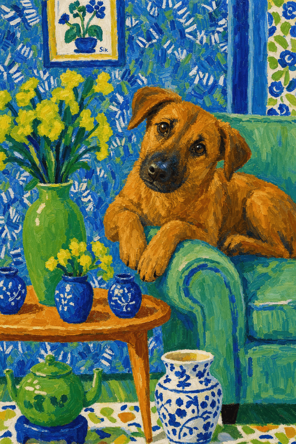 A pet lazy lying on the couch, with head tilt on the edge of couch, eye looking at the the vase. paint in post-impressionism style. Use saturated, non-naturalistic colors and flattened perspective reminiscent of Henri Matisse. painterly and expressive, utilizing thick, confident strokes and quick, rhythmic marks that prioritize texture and visual energy over realistic blending or depth.