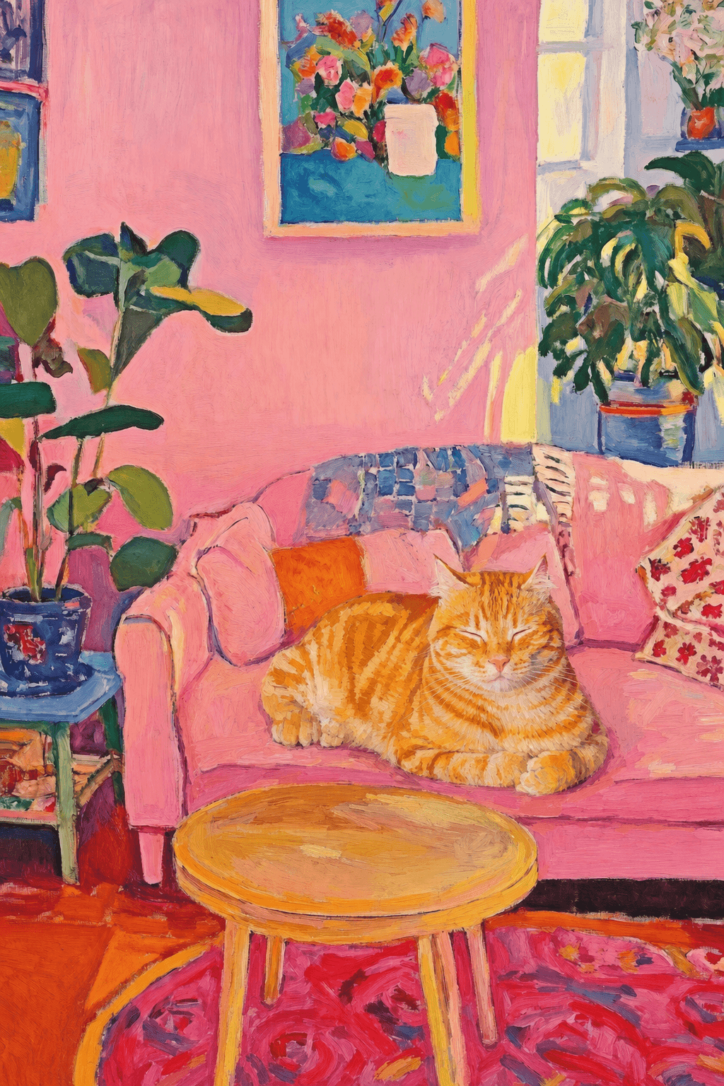 The painting shows a cozy, colorful interior with a warm pink wall and a large pink sofa in the foreground.
The pet is resting lazily on a bright pink velvet sofa. The pet’s looked completely relaxed and content.
The overall mood is cheerful and intimate, with bold outlines, visible brushstrokes, and slightly simplified forms.
Art Style: Paint in Fauvism, post-impressionism style. Use simplified shapes, exaggerates color, and flattens perspective to create charm and personality.
Use saturated, non-naturalistic colors and flattened perspective reminiscent of Henri Matisse.
The brushwork is loose, visible, and painterly, with uneven strokes that give the surface texture and movement.
Paint with large areas of flat color patches, simplified shapes, bold decorative outlines, and minimal blending.
The composition is flattened and slightly distorted, with compressed perspective.
The painting is expressive, utilizing thick, confident strokes and quick, rhythmic marks that prioritize texture and visual energy over realistic blending or depth.
