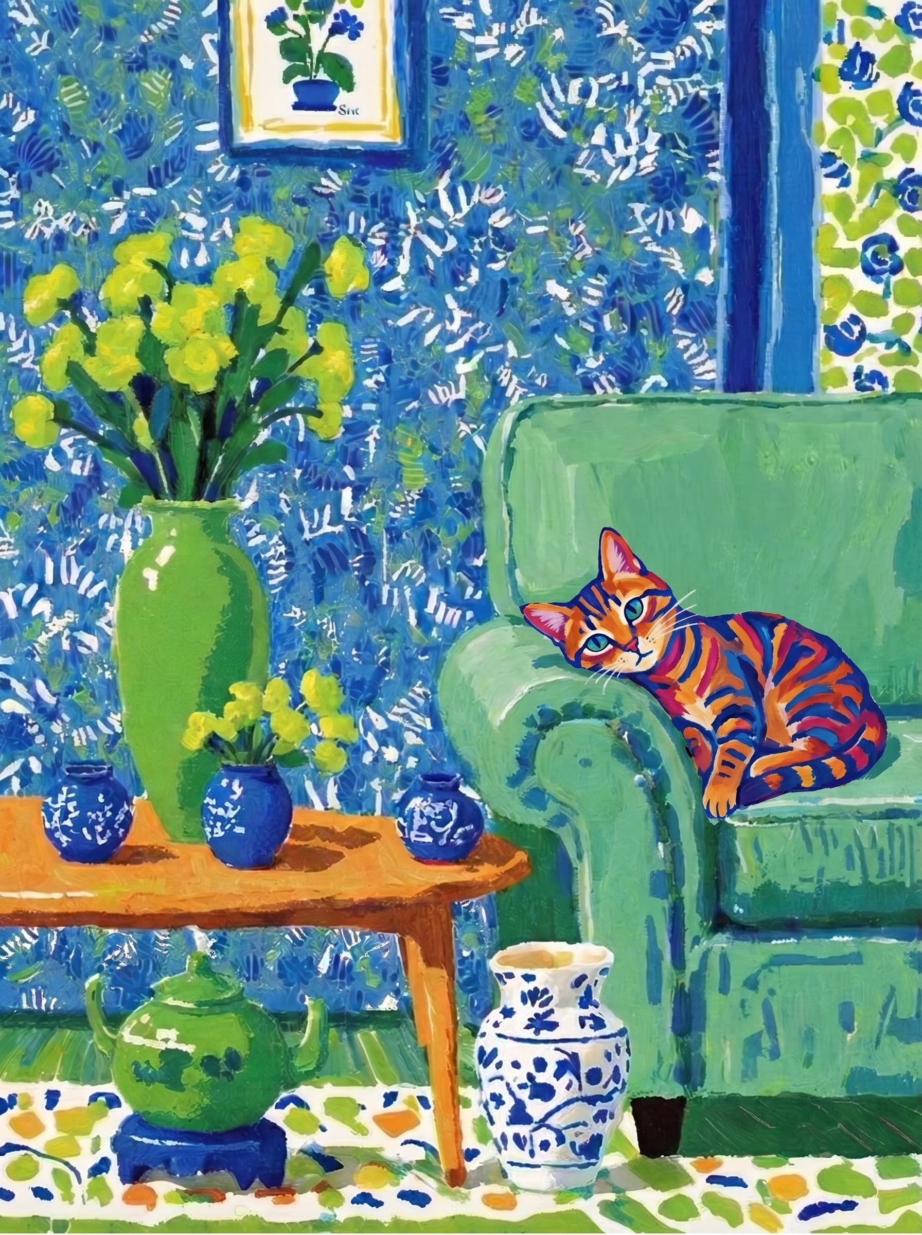 A pet lazy lying on the couch, with head tilt on the edge of couch, eye looking at the the vase. paint in post-impressionism style. Use saturated, non-naturalistic colors and flattened perspective reminiscent of Henri Matisse. painterly and expressive, utilizing thick, confident strokes and quick, rhythmic marks that prioritize texture and visual energy over realistic blending or depth.