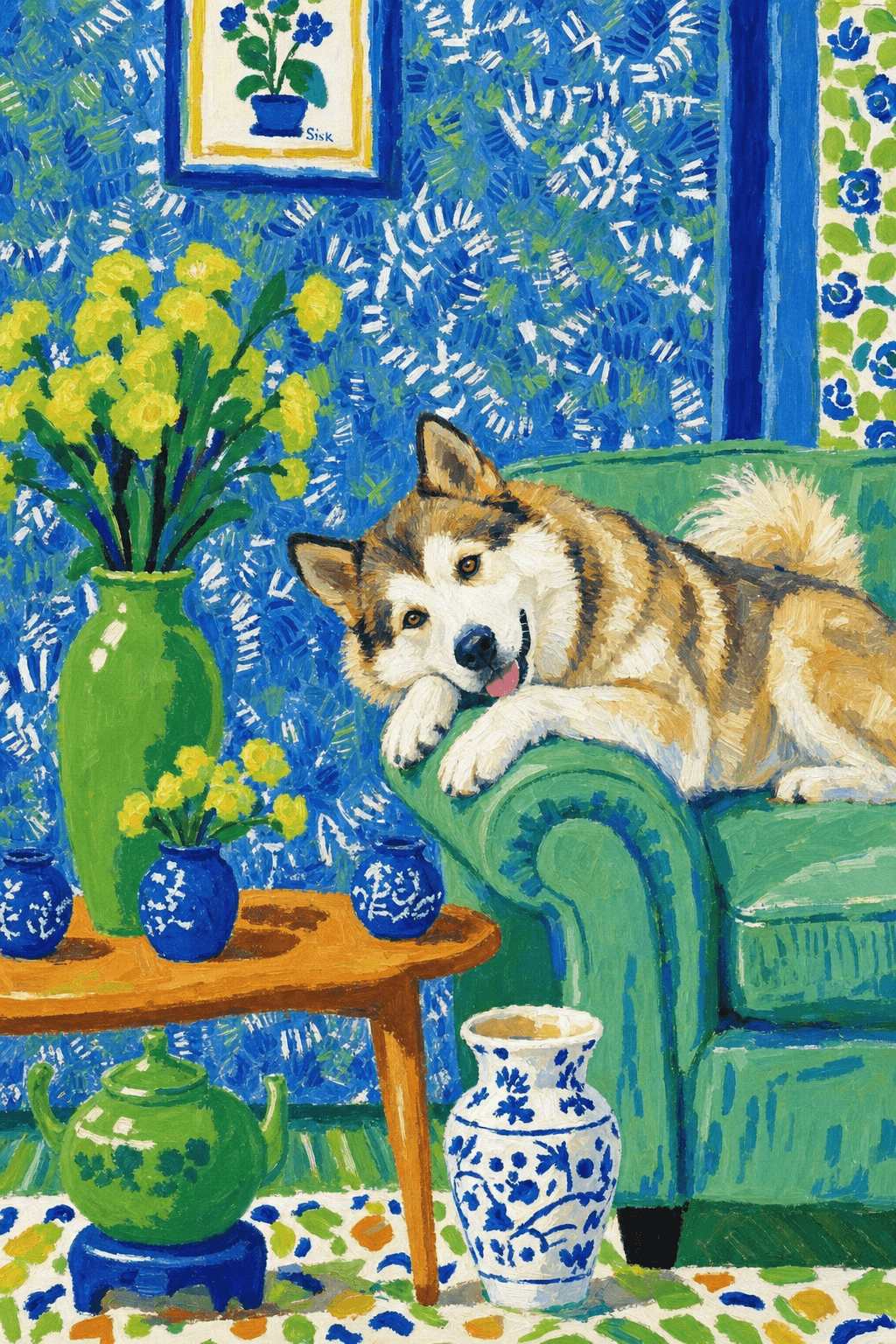A pet lazy lying on the couch, with head tilt on the edge of couch, eye looking at the the vase. paint in post-impressionism style. Use saturated, non-naturalistic colors and flattened perspective reminiscent of Henri Matisse. painterly and expressive, utilizing thick, confident strokes and quick, rhythmic marks that prioritize texture and visual energy over realistic blending or depth.