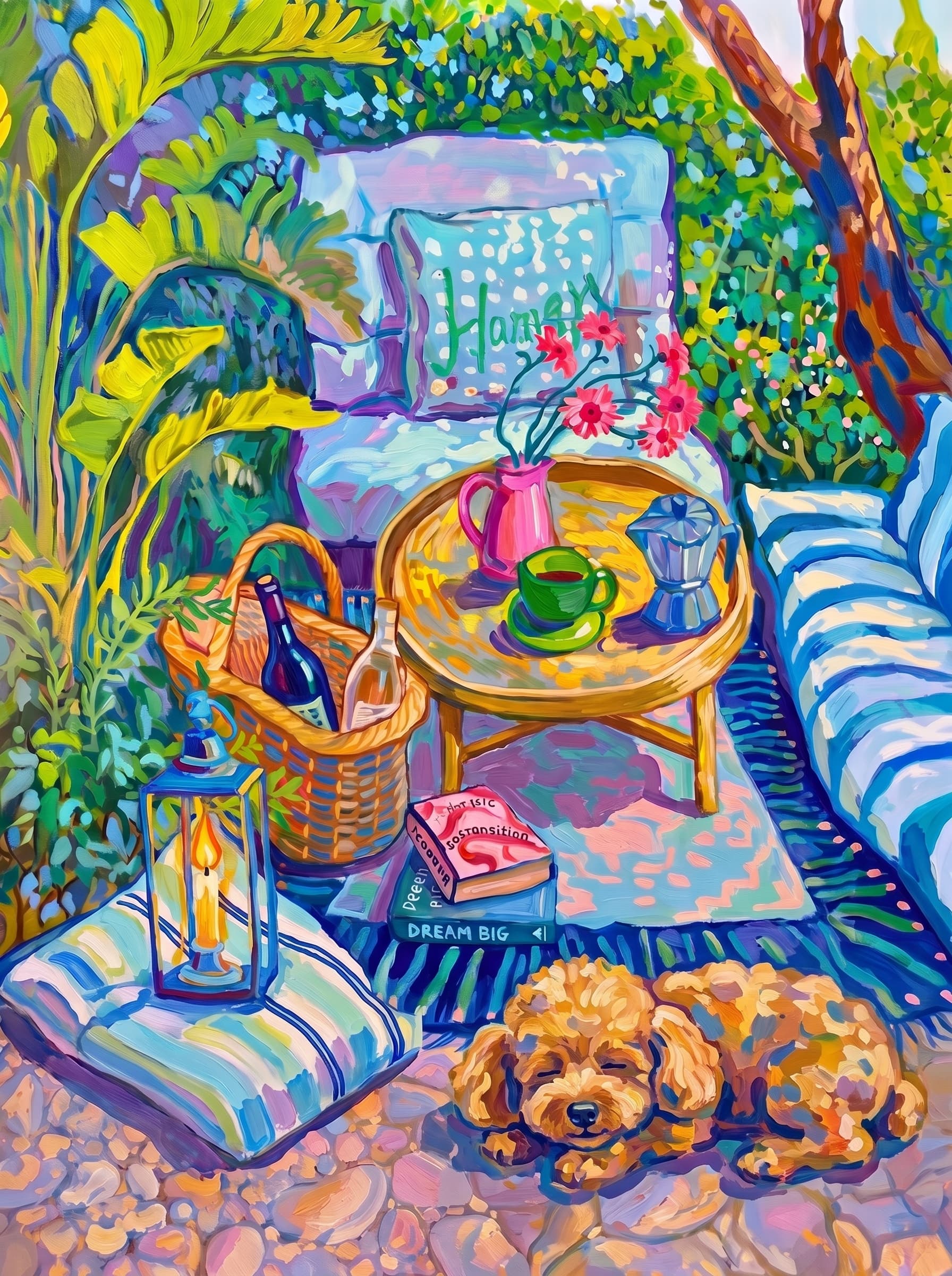 a cozy garden patio filled with lush tropical greenery, blue-and-white striped cushions, a round rattan table, picnic basket, lantern, books, flowers.
The pet is lazily resting in the foreground, almost fall asleep with a relaxed and content expression.
The composition feels intimate and inviting, with foliage and a tree trunk framing the scene, the circular table anchoring the center, and expressive brushwork plus dappled light creating a lively, relaxed outdoor atmosphere.
Art Style: Paint in Fauvism, post-impressionism style. Use simplified shapes, exaggerates color, and flattens perspective to create charm and personality.
Use saturated, non-naturalistic colors and flattened perspective reminiscent of Henri Matisse.
The brushwork is loose, visible, and painterly, with uneven strokes that give the surface texture and movement.
Paint with large areas of flat color patches, simplified shapes, bold decorative outlines, and minimal blending.
The composition is flattened and slightly distorted, with compressed perspective.
The painting is expressive, utilizing thick, confident strokes and quick, rhythmic marks that prioritize texture and visual energy over realistic blending or depth.