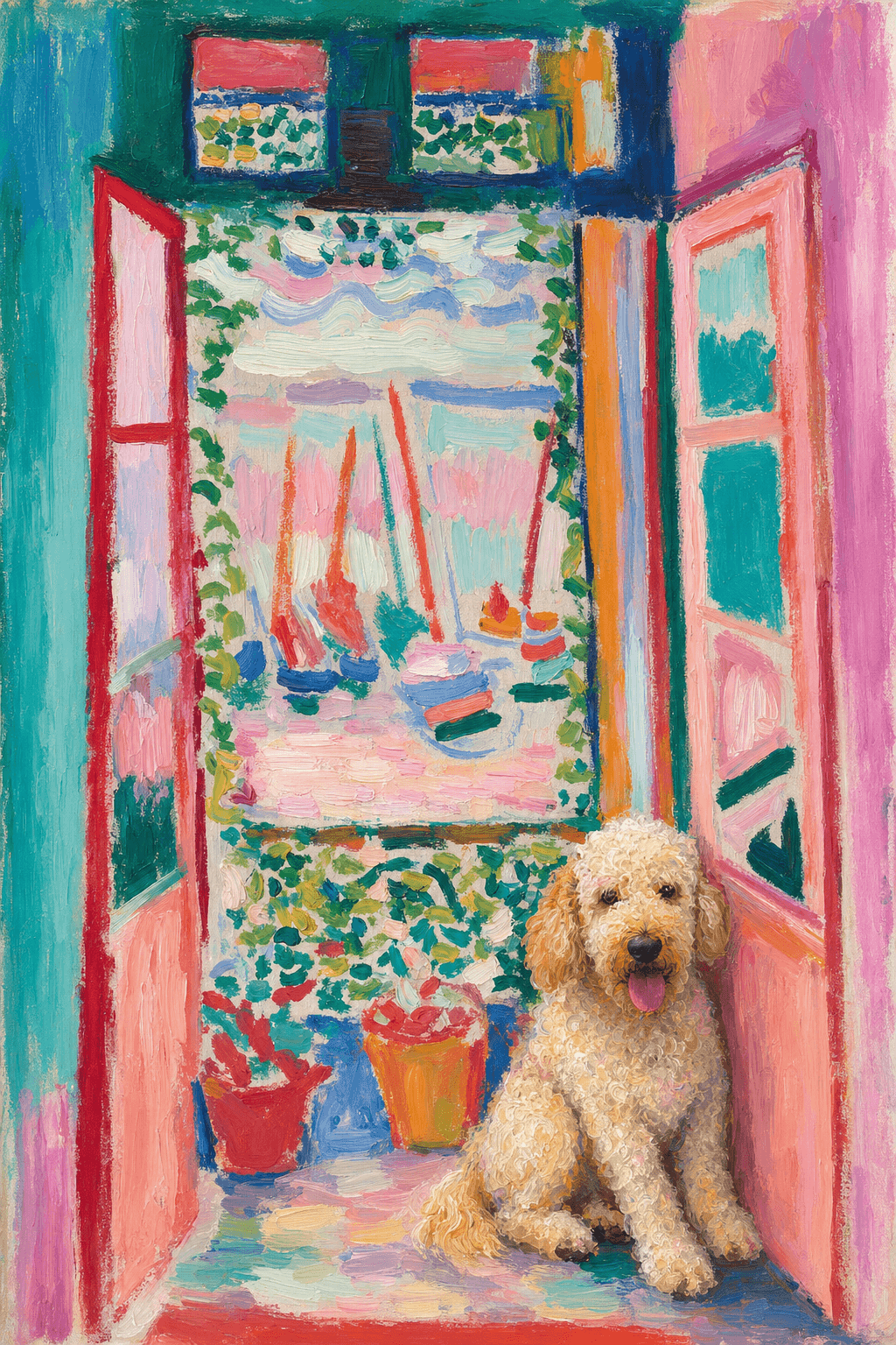A pet sitting on the right bottom frame of an open door, with its back to the opening while facing the room, looking at the viewer, slight leaning on the right-side door panel. Paint in post-impressionism style. Use loosely painted, vibrantly colored, stylized, vertical painting.