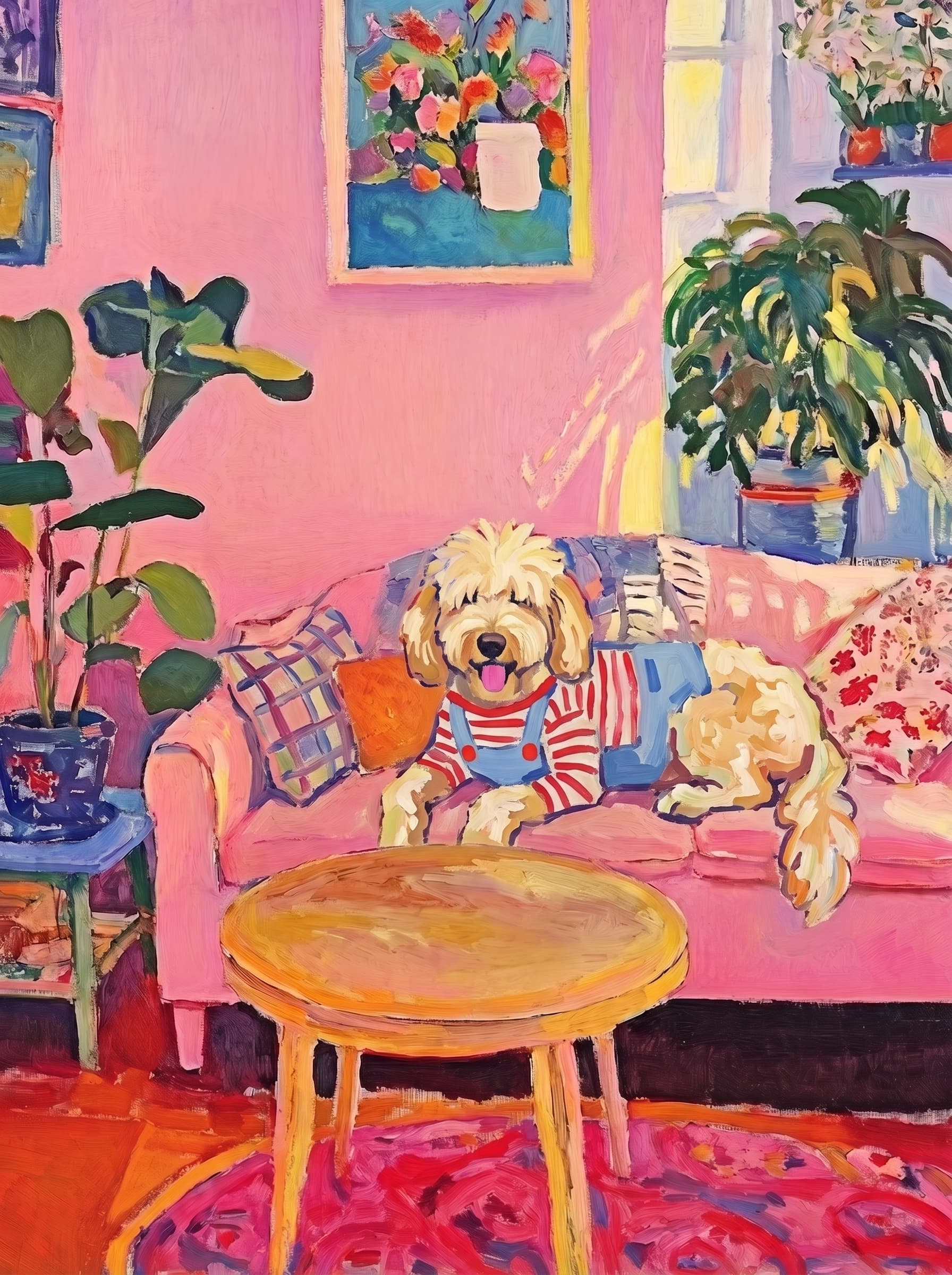 The painting shows a cozy, colorful interior with a warm pink wall and a large pink sofa in the foreground.
      The pet is resting lazily on a bright pink velvet sofa. The pet’s looked completely relaxed and content.
      The overall mood is cheerful and intimate, with bold outlines, visible brushstrokes, and slightly simplified forms.
      Art Style: Paint in Fauvism, post-impressionism style. Use simplified shapes, exaggerates color, and flattens perspective to create charm and personality.
Use saturated, non-naturalistic colors and flattened perspective reminiscent of Henri Matisse.
The brushwork is loose, visible, and painterly, with uneven strokes that give the surface texture and movement.
Paint with large areas of flat color patches, simplified shapes, bold decorative outlines, and minimal blending.
The composition is flattened and slightly distorted, with compressed perspective.
The painting is expressive, utilizing thick, confident strokes and quick, rhythmic marks that prioritize texture and visual energy over realistic blending or depth.