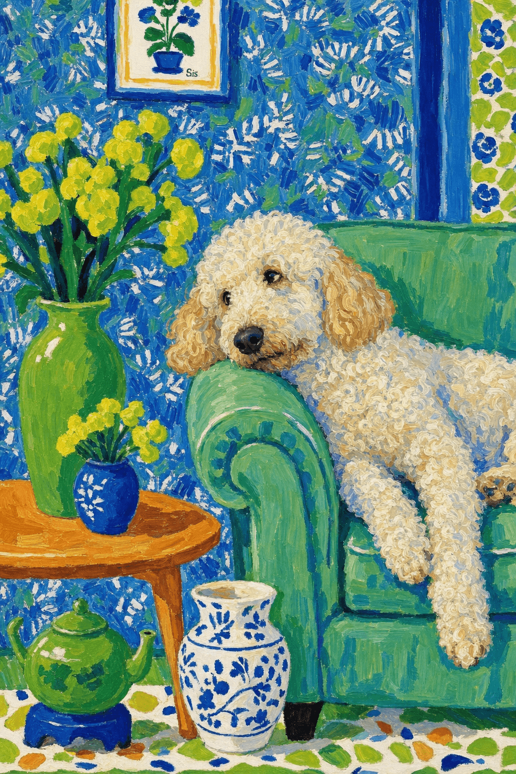 A pet lazy lying on the couch, with head tilt on the edge of couch, eye looking at the the vase. paint in post-impressionism style. Use saturated, non-naturalistic colors and flattened perspective reminiscent of Henri Matisse. painterly and expressive, utilizing thick, confident strokes and quick, rhythmic marks that prioritize texture and visual energy over realistic blending or depth.