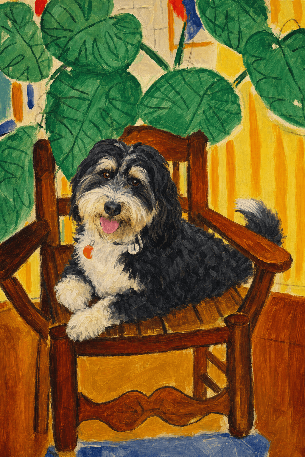 A pet sitting on a brown chair, looking at the viewer. Colors are applied with minimal blending, creating a flat, illustrative feel. The brushwork is broad, rapid, and direct. Strokes are loose, visible, applied thinly, defining the forms quickly without building up significant physical texture or impasto on the surface.