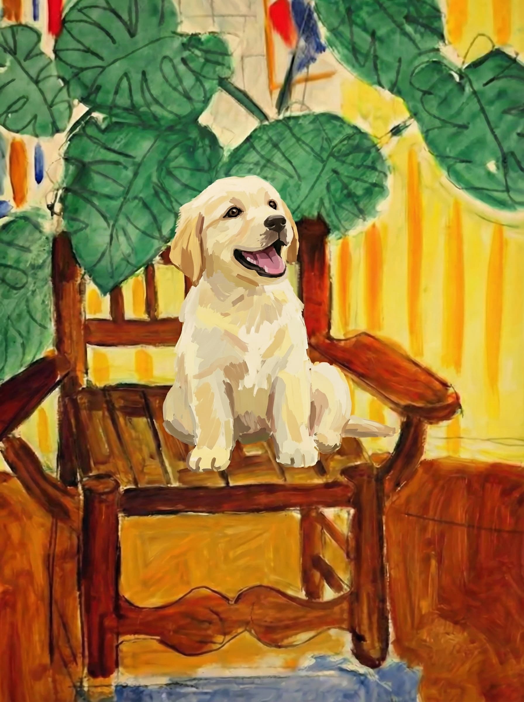 A pet sitting on a brown chair, looking at the viewer. Colors are applied with minimal blending, creating a flat, illustrative feel. The brushwork is broad, rapid, and direct. Strokes are loose, visible, applied thinly, defining the forms quickly without building up significant physical texture or impasto on the surface.