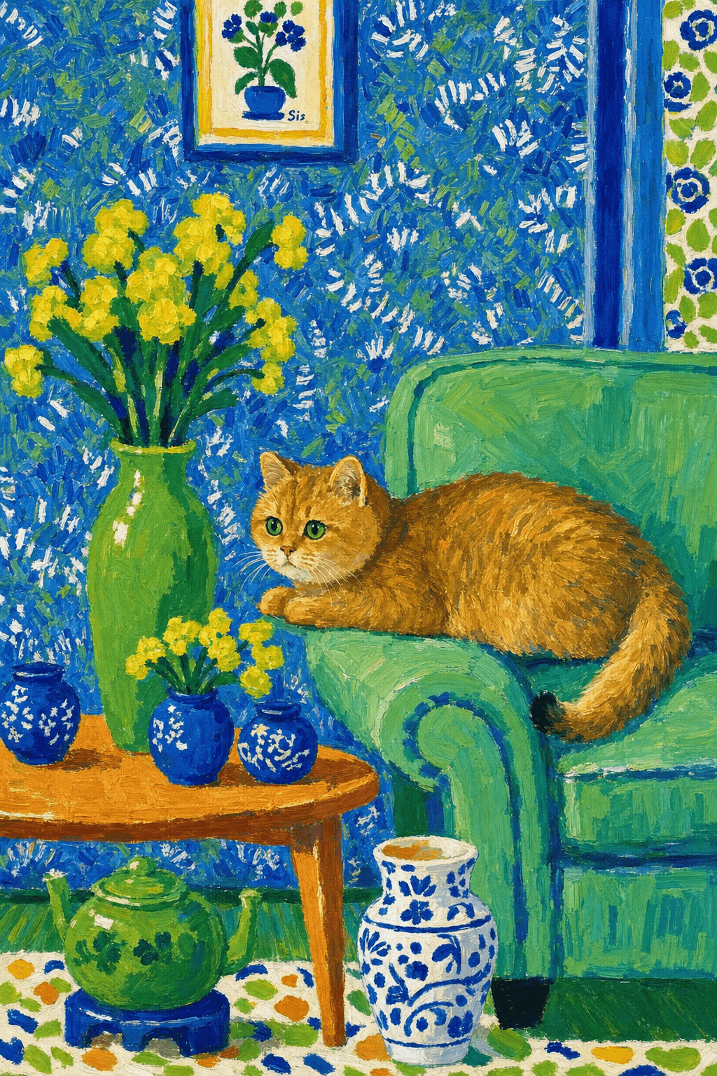 A pet lazy lying on the couch, with head tilt on the edge of couch, eye looking at the the vase. paint in post-impressionism style. Use saturated, non-naturalistic colors and flattened perspective reminiscent of Henri Matisse. painterly and expressive, utilizing thick, confident strokes and quick, rhythmic marks that prioritize texture and visual energy over realistic blending or depth.