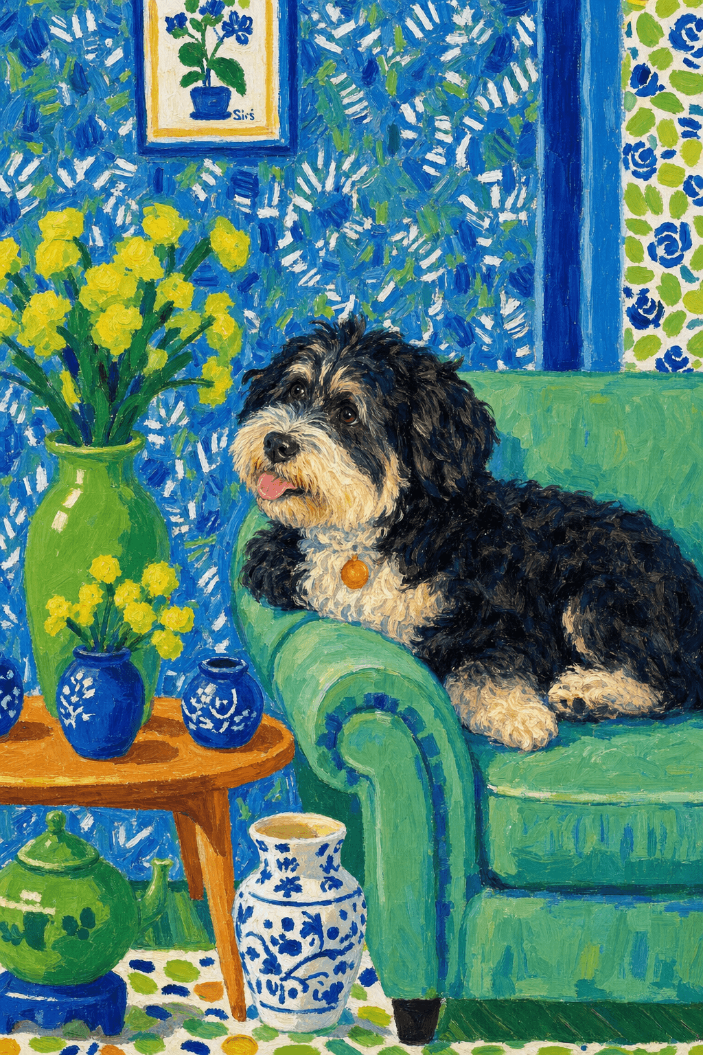 A pet lazy lying on the couch, with head tilt on the edge of couch, eye looking at the the vase. paint in post-impressionism style. Use saturated, non-naturalistic colors and flattened perspective reminiscent of Henri Matisse. painterly and expressive, utilizing thick, confident strokes and quick, rhythmic marks that prioritize texture and visual energy over realistic blending or depth.