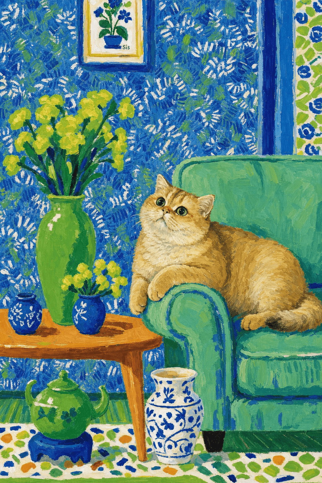A pet lazy lying on the couch, with head tilt on the edge of couch, eye looking at the the vase. paint in post-impressionism style. Use saturated, non-naturalistic colors and flattened perspective reminiscent of Henri Matisse. painterly and expressive, utilizing thick, confident strokes and quick, rhythmic marks that prioritize texture and visual energy over realistic blending or depth.
