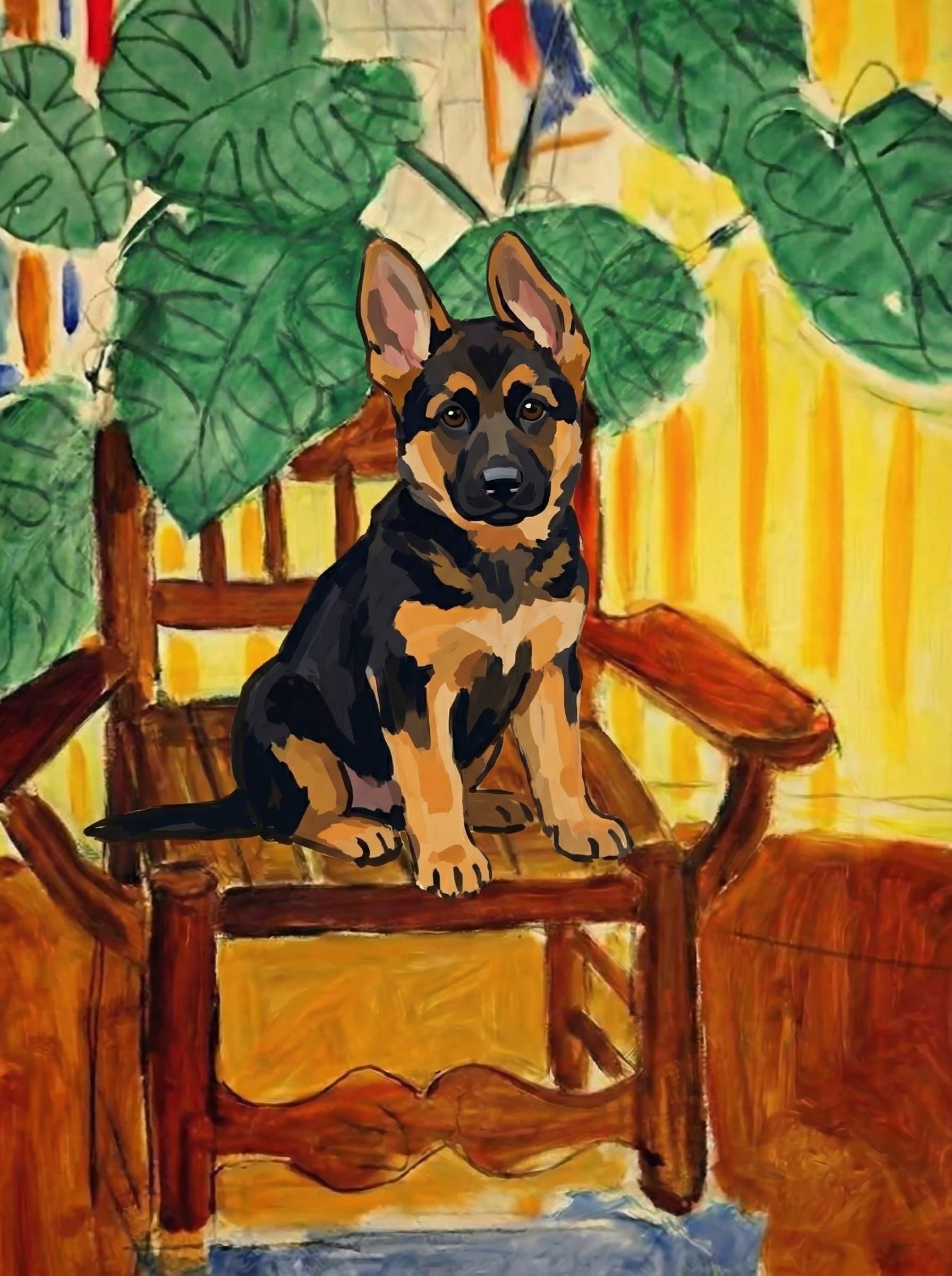 A pet sitting on a brown chair, looking at the viewer. Colors are applied with minimal blending, creating a flat, illustrative feel. The brushwork is broad, rapid, and direct. Strokes are loose, visible, applied thinly, defining the forms quickly without building up significant physical texture or impasto on the surface.