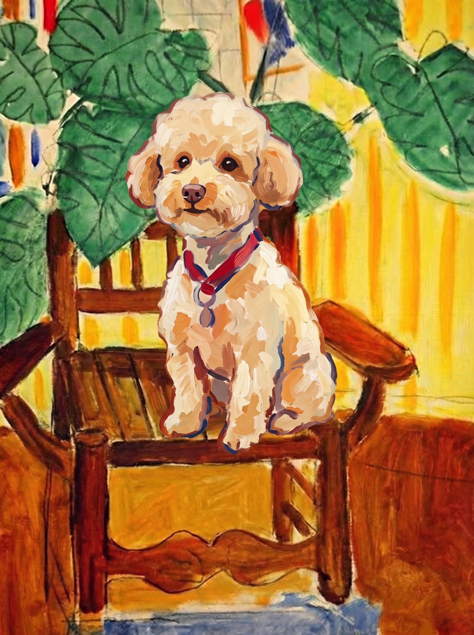 A pet sitting on a brown chair, looking at the viewer. Art Style: Paint in Fauvism, post-impressionism style. Use simplified shapes, exaggerates color, and flattens perspective to create charm and personality.
Use saturated, non-naturalistic colors and flattened perspective reminiscent of Henri Matisse.
The brushwork is loose, visible, and painterly, with uneven strokes that give the surface texture and movement.
Paint with large areas of flat color patches, simplified shapes, bold decorative outlines, and minimal blending.
The composition is flattened and slightly distorted, with compressed perspective.
The painting is expressive, utilizing thick, confident strokes and quick, rhythmic marks that prioritize texture and visual energy over realistic blending or depth.