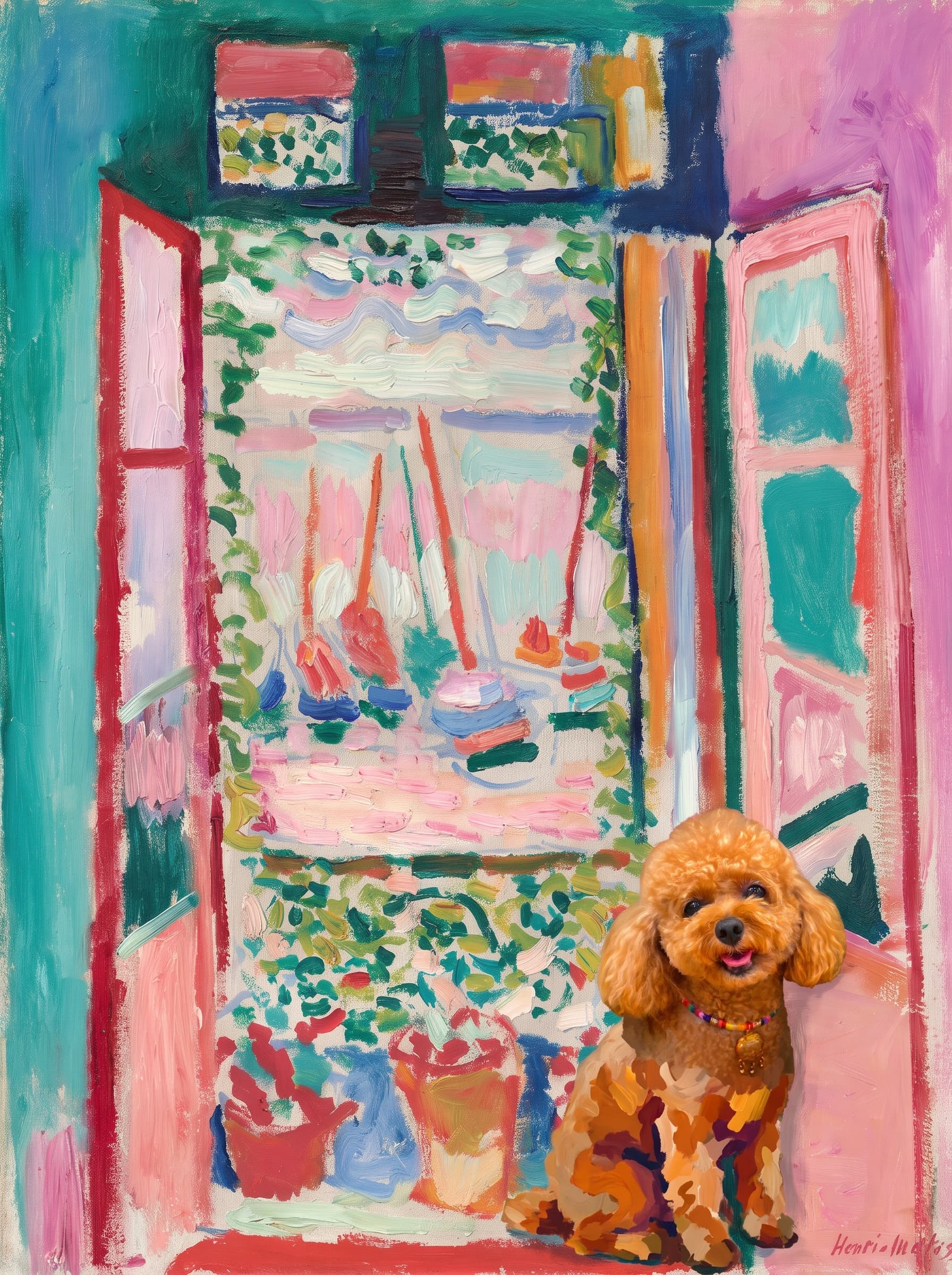 A pet sitting on the right bottom frame of an open door, with its back to the opening while facing the room, looking at the viewer, slight leaning on the right-side door panel. Art Style: Paint in Fauvism, post-impressionism style. Use simplified shapes, exaggerates color, and flattens perspective to create charm and personality.
Use saturated, non-naturalistic colors and flattened perspective reminiscent of Henri Matisse.
The brushwork is loose, visible, and painterly, with uneven strokes that give the surface texture and movement.
Paint with large areas of flat color patches, simplified shapes, bold decorative outlines, and minimal blending.
The composition is flattened and slightly distorted, with compressed perspective.
The painting is expressive, utilizing thick, confident strokes and quick, rhythmic marks that prioritize texture and visual energy over realistic blending or depth.