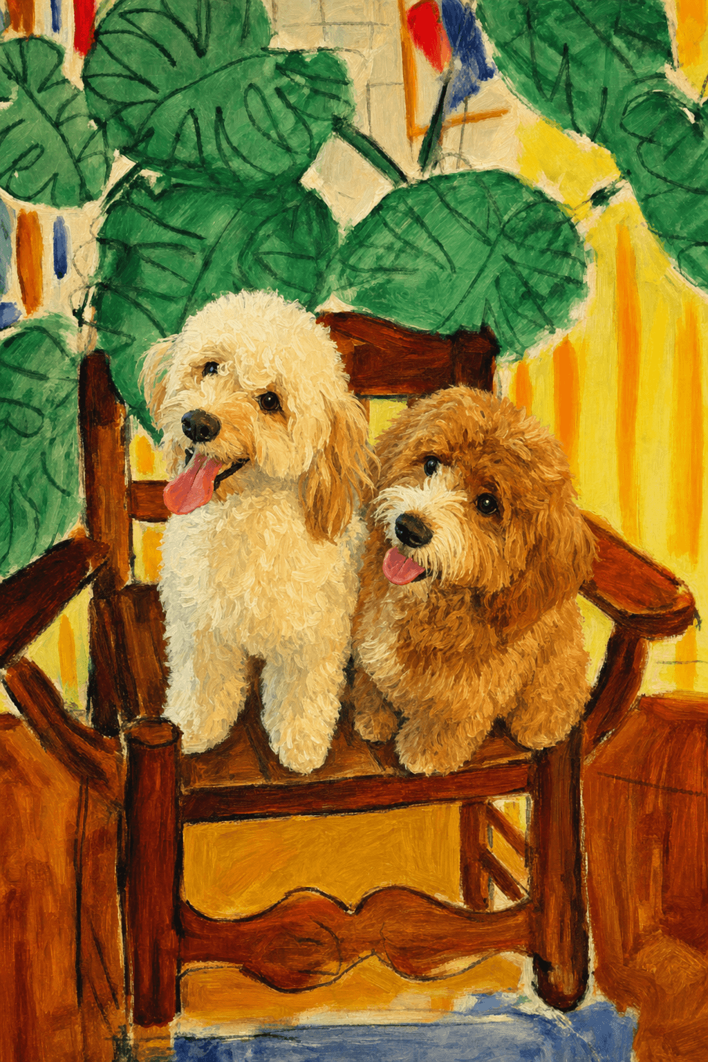 A pet sitting on a brown chair, looking at the viewer. Colors are applied with minimal blending, creating a flat, illustrative feel. The brushwork is broad, rapid, and direct. Strokes are loose, visible, applied thinly, defining the forms quickly without building up significant physical texture or impasto on the surface.