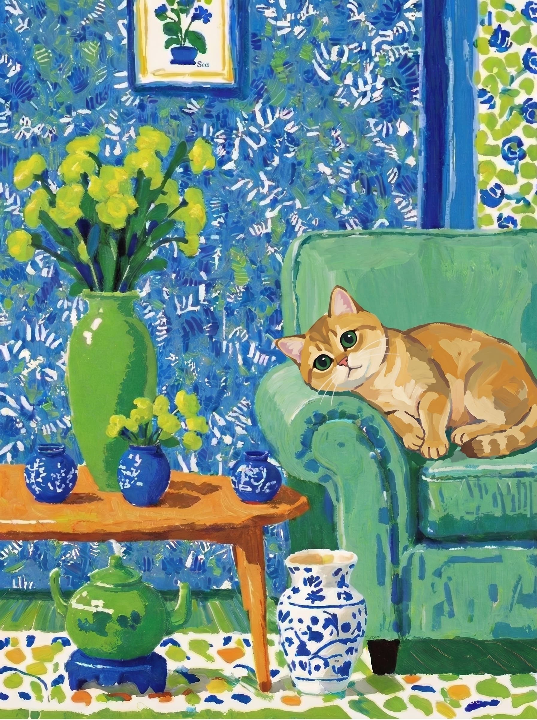 A pet lazy lying on the couch, with head tilt on the edge of couch, eye looking at the the vase. Art Style: Paint in Fauvism, post-impressionism style. Use simplified shapes, exaggerates color, and flattens perspective to create charm and personality.
Use saturated, non-naturalistic colors and flattened perspective reminiscent of Henri Matisse.
The brushwork is loose, visible, and painterly, with uneven strokes that give the surface texture and movement.
Paint with large areas of flat color patches, simplified shapes, bold decorative outlines, and minimal blending.
The composition is flattened and slightly distorted, with compressed perspective.
The painting is expressive, utilizing thick, confident strokes and quick, rhythmic marks that prioritize texture and visual energy over realistic blending or depth.