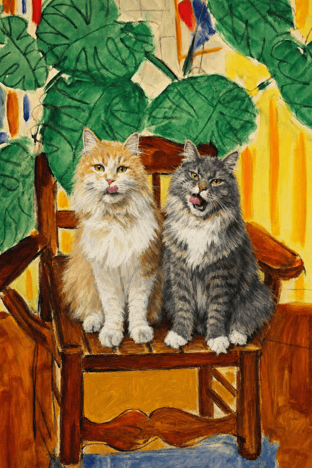 A pet sitting on a brown chair, looking at the viewer. Colors are applied with minimal blending, creating a flat, illustrative feel. The brushwork is broad, rapid, and direct. Strokes are loose, visible, applied thinly, defining the forms quickly without building up significant physical texture or impasto on the surface.