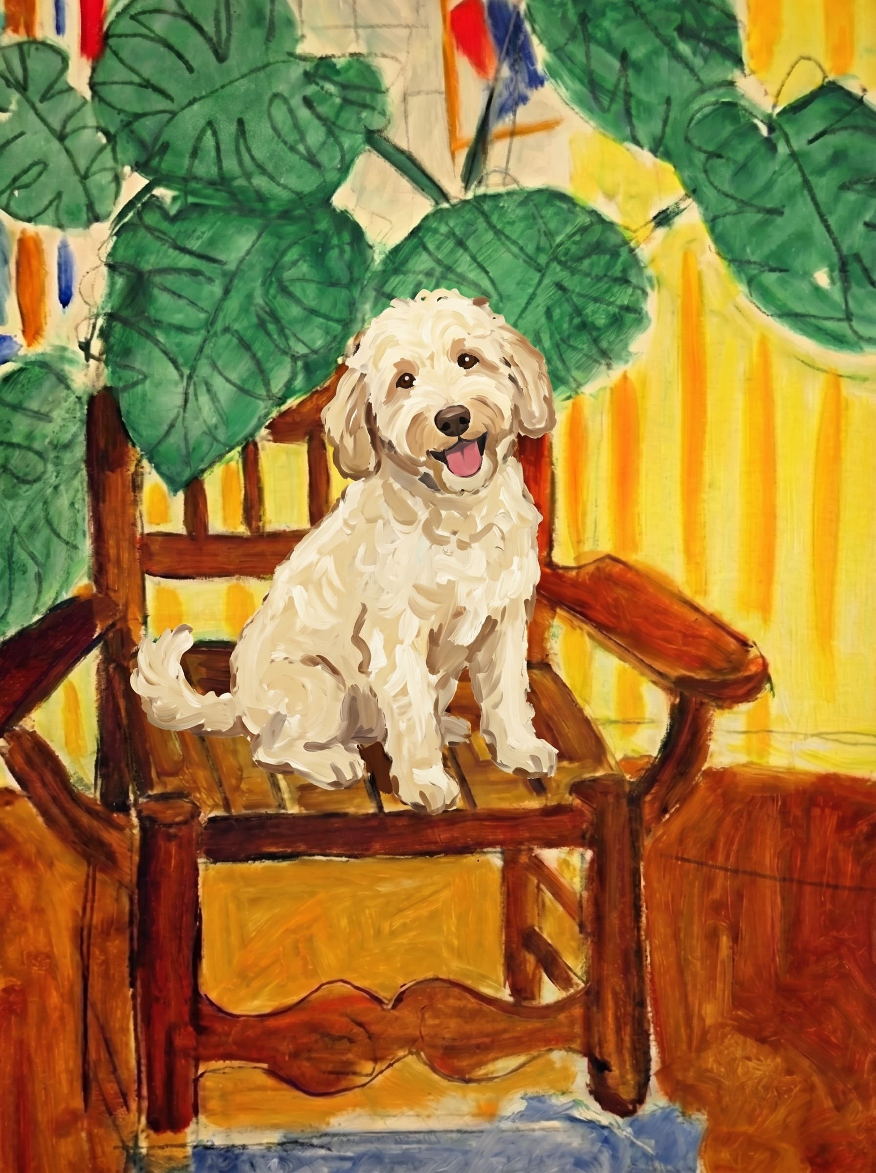 A pet sitting on a brown chair, looking at the viewer. Colors are applied with minimal blending, creating a flat, illustrative feel. The brushwork is broad, rapid, and direct. Strokes are loose, visible, applied thinly, defining the forms quickly without building up significant physical texture or impasto on the surface.
