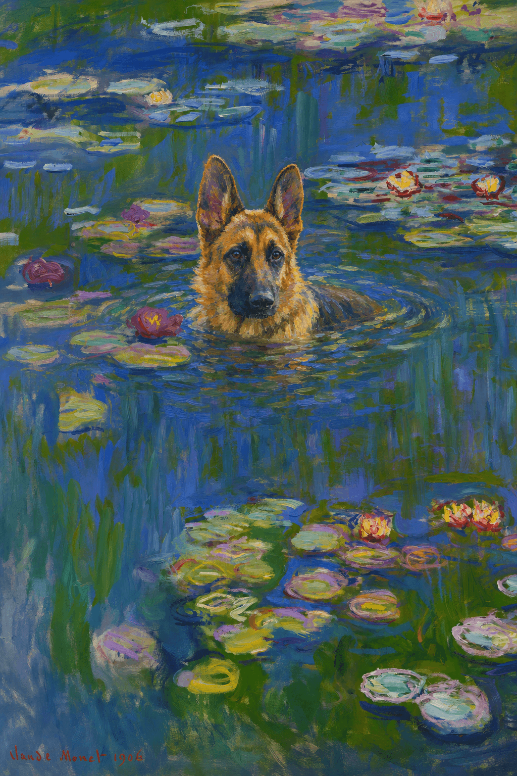 The pet should appear naturally integrated into the middle of the pond, swimming calmly through the water with only its head, upper neck, and a subtle suggestion of its back visible above the surface.
The pet should be facing forward and looking directly at the viewer. Its wet fur should be suggested through painterly strokes.
Blend the pet into the scene using Monet-like impressionist oil painting techniques: visible layered brushstrokes, soft broken color, blue-green reflections, violet shadows, golden-orange highlights, and shimmering ripples around the pet.
The water should partially obscure the pet’s body, with delicate circular ripples spreading outward. Nearby lily pads and water lilies should remain undisturbed but subtly interact with the ripples.
The pet must feel like it was originally painted into the artwork, not pasted on top. Match the atmospheric softness, painterly texture, scale, perspective, and color harmony of the original Water Lilies painting.
Avoid photorealism, sharp outlines, modern digital effects, or excessive detail. The final image should look like a whimsical impressionist oil painting in the spirit of late Monet, with the pet quietly swimming among the lily pads at the center of the pond.
Art Style: Paint in Fauvism, post-impressionism style. Use simplified shapes, exaggerates color, and flattens perspective to create charm and personality.
Use saturated, non-naturalistic colors and flattened perspective reminiscent of Henri Matisse.
The brushwork is loose, visible, and painterly, with uneven strokes that give the surface texture and movement.
Paint with large areas of flat color patches, simplified shapes, bold decorative outlines, and minimal blending.
The composition is flattened and slightly distorted, with compressed perspective.
The painting is expressive, utilizing thick, confident strokes and quick, rhythmic marks that prioritize texture and visual energy over realistic blending or depth.