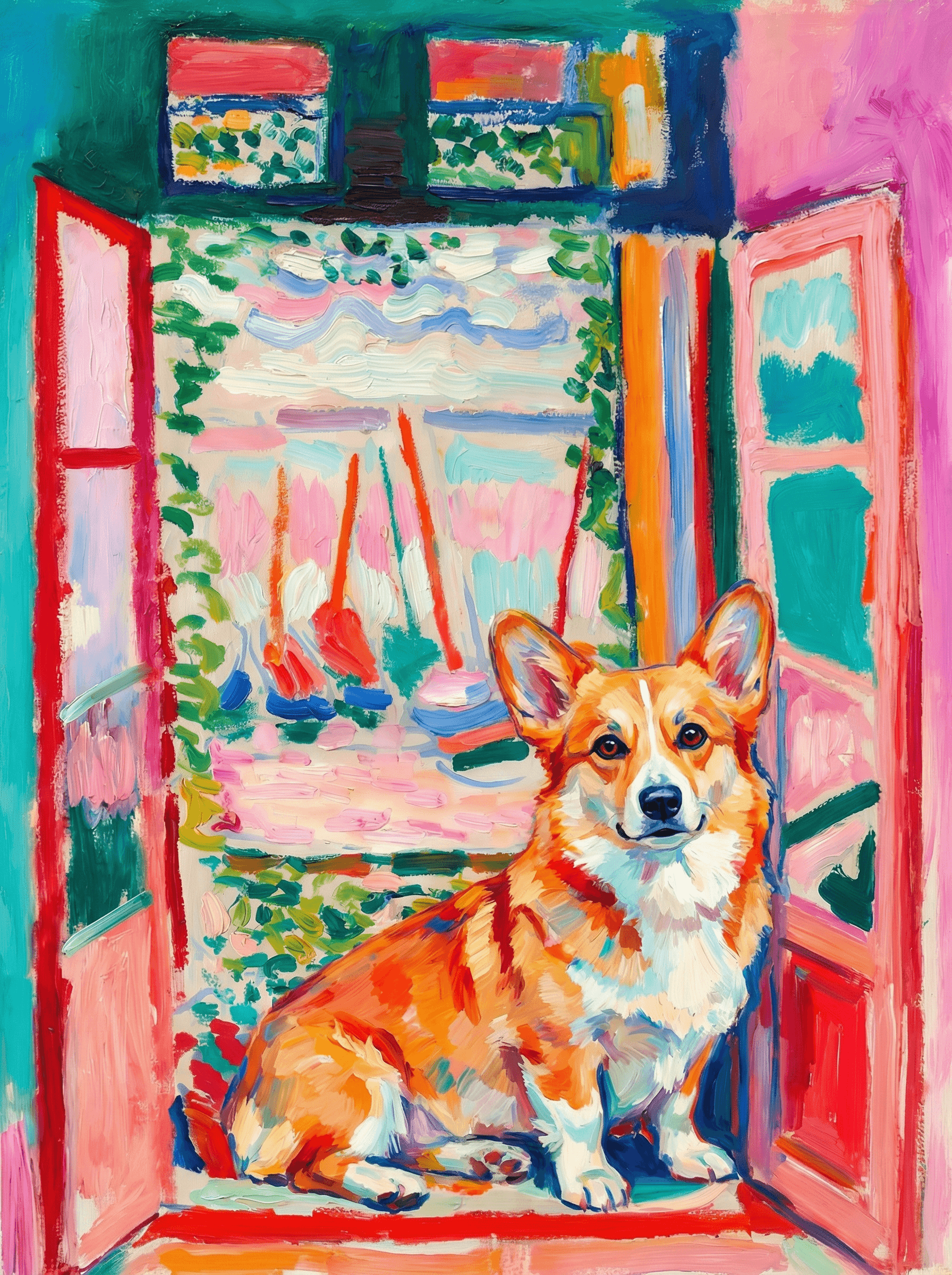 A pet sitting on the right bottom frame of an open door, with its back to the opening while facing the room, looking at the viewer, slight leaning on the right-side door panel. Paint in post-impressionism style. Use loosely painted, vibrantly colored, stylized, vertical painting.