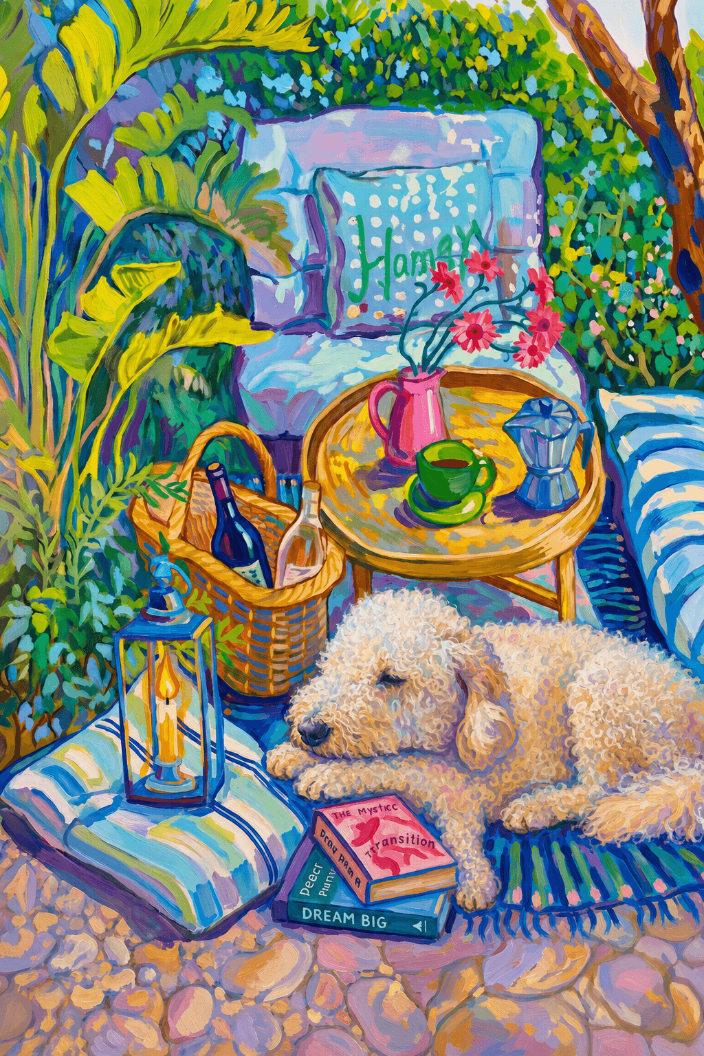 a cozy garden patio filled with lush tropical greenery, blue-and-white striped cushions, a round rattan table, picnic basket, lantern, books, flowers.
The pet is lazily resting in the foreground, almost fall asleep with a relaxed and content expression.
The composition feels intimate and inviting, with foliage and a tree trunk framing the scene, the circular table anchoring the center, and expressive brushwork plus dappled light creating a lively, relaxed outdoor atmosphere.
Art Style: Paint in Fauvism, post-impressionism style. Use simplified shapes, exaggerates color, and flattens perspective to create charm and personality.
Use saturated, non-naturalistic colors and flattened perspective reminiscent of Henri Matisse.
The brushwork is loose, visible, and painterly, with uneven strokes that give the surface texture and movement.
Paint with large areas of flat color patches, simplified shapes, bold decorative outlines, and minimal blending.
The composition is flattened and slightly distorted, with compressed perspective.
The painting is expressive, utilizing thick, confident strokes and quick, rhythmic marks that prioritize texture and visual energy over realistic blending or depth.