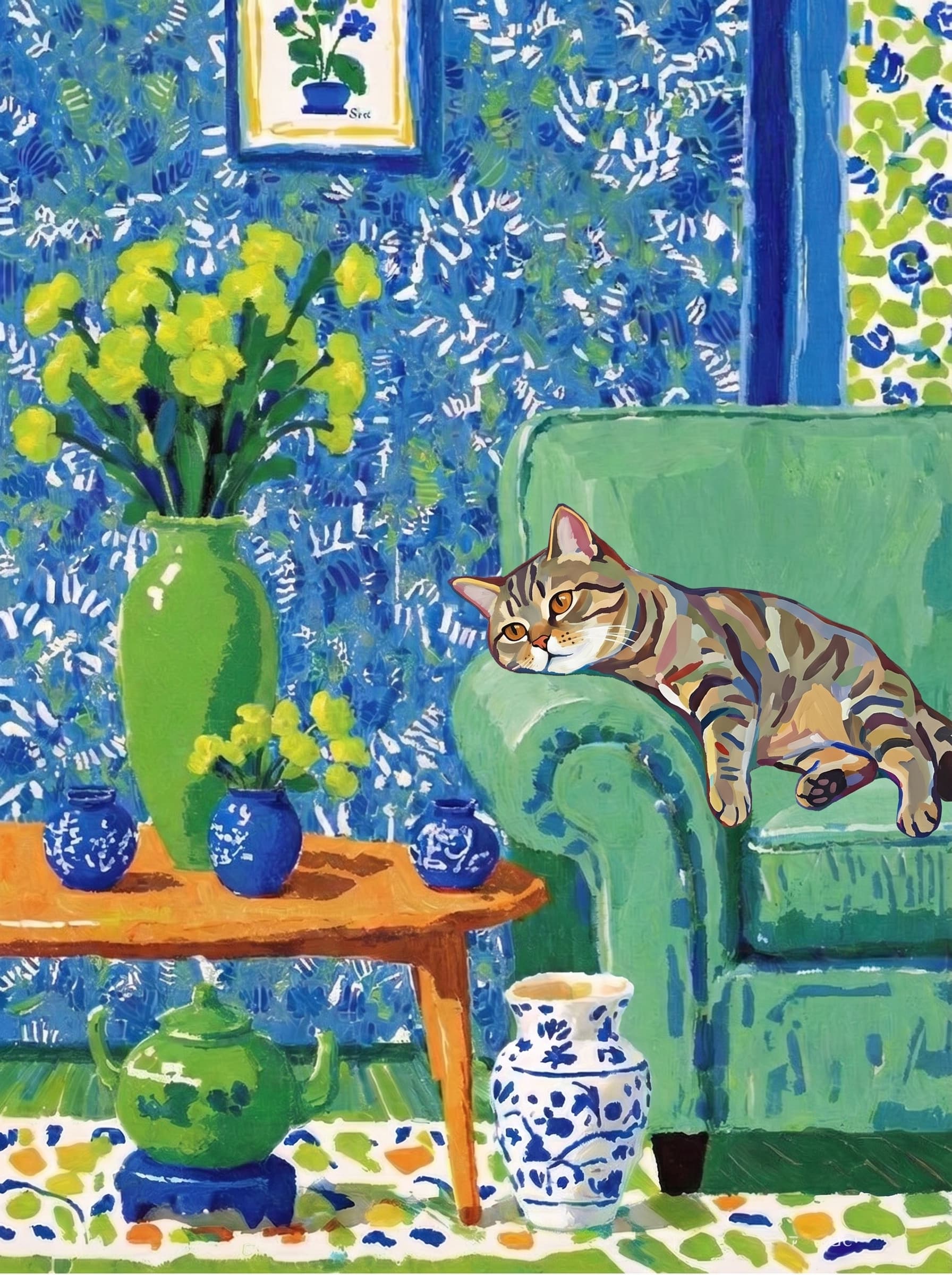 A pet lazy lying on the couch, with head tilt on the edge of couch, eye looking at the the vase. Art Style: Paint in Fauvism, post-impressionism style. Use simplified shapes, exaggerates color, and flattens perspective to create charm and personality.
Use saturated, non-naturalistic colors and flattened perspective reminiscent of Henri Matisse.
The brushwork is loose, visible, and painterly, with uneven strokes that give the surface texture and movement.
Paint with large areas of flat color patches, simplified shapes, bold decorative outlines, and minimal blending.
The composition is flattened and slightly distorted, with compressed perspective.
The painting is expressive, utilizing thick, confident strokes and quick, rhythmic marks that prioritize texture and visual energy over realistic blending or depth.
