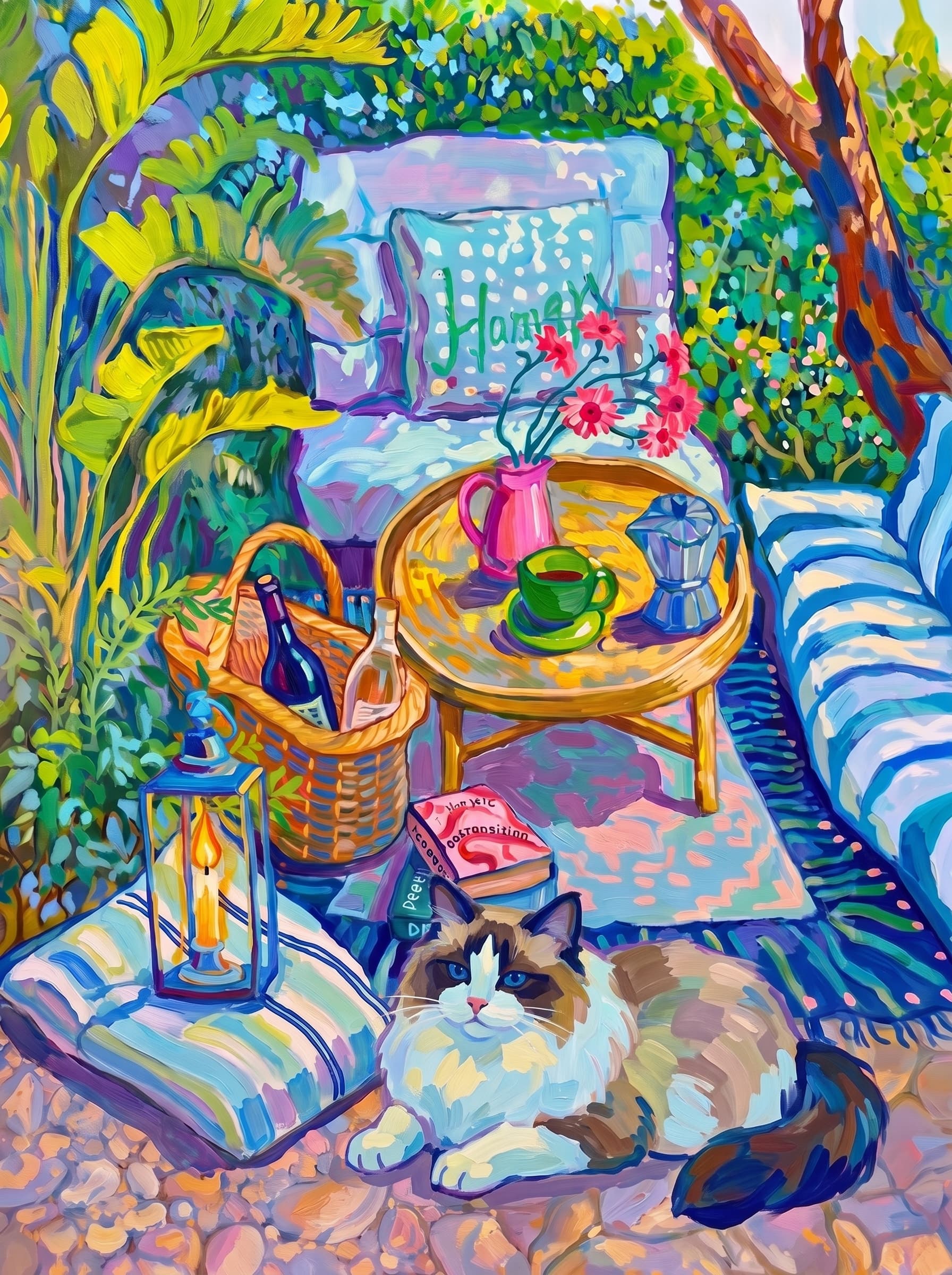 a cozy garden patio filled with lush tropical greenery, blue-and-white striped cushions, a round rattan table, picnic basket, lantern, books, flowers.
      The pet is lazily resting in the foreground, almost fall asleep with a relaxed and content expression.
      The composition feels intimate and inviting, with foliage and a tree trunk framing the scene, the circular table anchoring the center, and expressive brushwork plus dappled light creating a lively, relaxed outdoor atmosphere.
      Art Style: Paint in Fauvism, post-impressionism style. Use simplified shapes, exaggerates color, and flattens perspective to create charm and personality.
Use saturated, non-naturalistic colors and flattened perspective reminiscent of Henri Matisse.
The brushwork is loose, visible, and painterly, with uneven strokes that give the surface texture and movement.
Paint with large areas of flat color patches, simplified shapes, bold decorative outlines, and minimal blending.
The composition is flattened and slightly distorted, with compressed perspective.
The painting is expressive, utilizing thick, confident strokes and quick, rhythmic marks that prioritize texture and visual energy over realistic blending or depth.