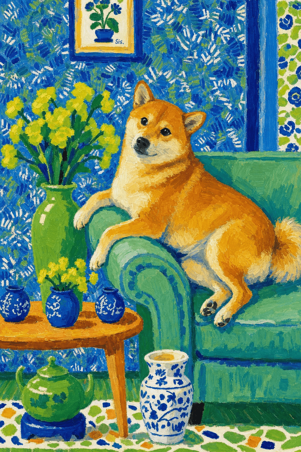 A pet lazy lying on the couch, with head tilt on the edge of couch, eye looking at the the vase. paint in post-impressionism style. Use saturated, non-naturalistic colors and flattened perspective reminiscent of Henri Matisse. painterly and expressive, utilizing thick, confident strokes and quick, rhythmic marks that prioritize texture and visual energy over realistic blending or depth.