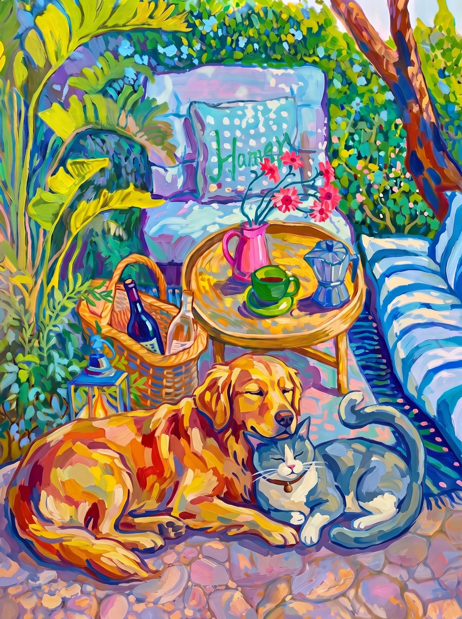 a cozy garden patio filled with lush tropical greenery, blue-and-white striped cushions, a round rattan table, picnic basket, lantern, books, flowers.
      The pet is lazily resting in the foreground, almost fall asleep with a relaxed and content expression.
      The composition feels intimate and inviting, with foliage and a tree trunk framing the scene, the circular table anchoring the center, and expressive brushwork plus dappled light creating a lively, relaxed outdoor atmosphere.
      Art Style: Paint in Fauvism, post-impressionism style. Use simplified shapes, exaggerates color, and flattens perspective to create charm and personality.
Use saturated, non-naturalistic colors and flattened perspective reminiscent of Henri Matisse.
The brushwork is loose, visible, and painterly, with uneven strokes that give the surface texture and movement.
Paint with large areas of flat color patches, simplified shapes, bold decorative outlines, and minimal blending.
The composition is flattened and slightly distorted, with compressed perspective.
The painting is expressive, utilizing thick, confident strokes and quick, rhythmic marks that prioritize texture and visual energy over realistic blending or depth.