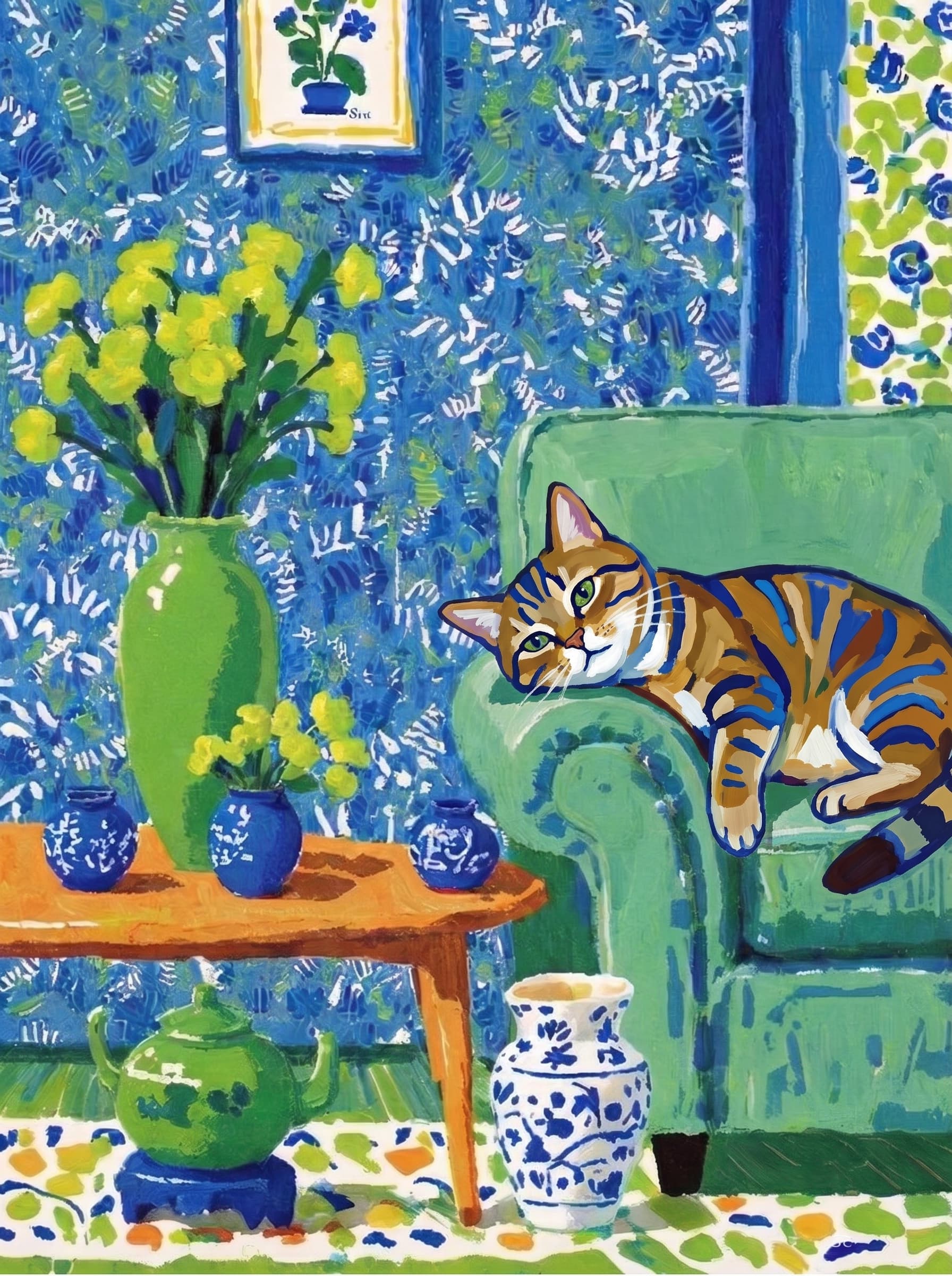 A pet lazy lying on the couch, with head tilt on the edge of couch, eye looking at the the vase. Art Style: Paint in Fauvism, post-impressionism style. Use simplified shapes, exaggerates color, and flattens perspective to create charm and personality.
Use saturated, non-naturalistic colors and flattened perspective reminiscent of Henri Matisse.
The brushwork is loose, visible, and painterly, with uneven strokes that give the surface texture and movement.
Paint with large areas of flat color patches, simplified shapes, bold decorative outlines, and minimal blending.
The composition is flattened and slightly distorted, with compressed perspective.
The painting is expressive, utilizing thick, confident strokes and quick, rhythmic marks that prioritize texture and visual energy over realistic blending or depth.
