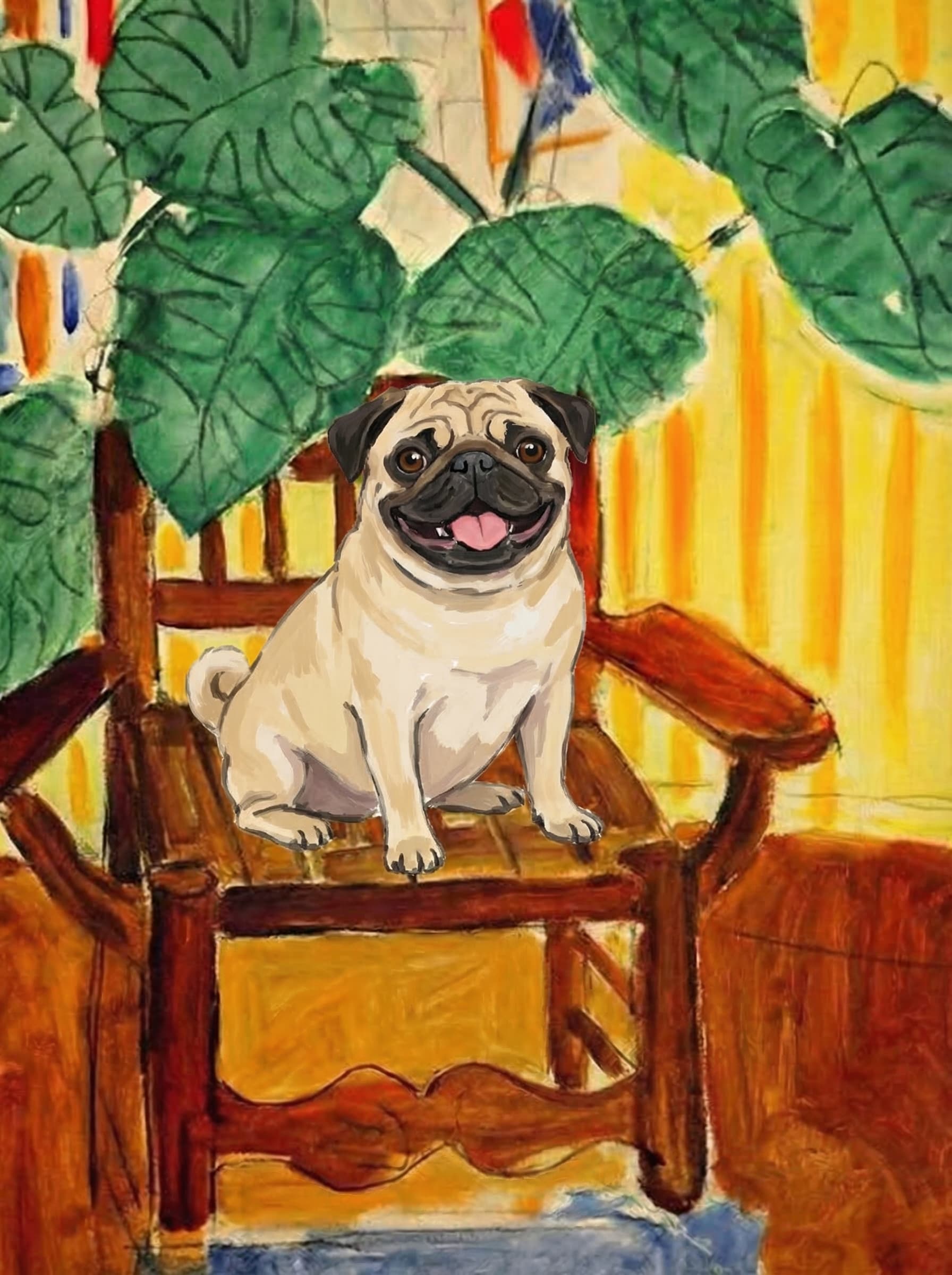 A pet sitting on a brown chair, looking at the viewer. Colors are applied with minimal blending, creating a flat, illustrative feel. The brushwork is broad, rapid, and direct. Strokes are loose, visible, applied thinly, defining the forms quickly without building up significant physical texture or impasto on the surface.
