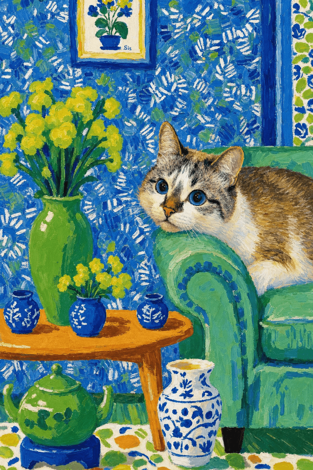 A pet lazy lying on the couch, with head tilt on the edge of couch, eye looking at the the vase. paint in post-impressionism style. Use saturated, non-naturalistic colors and flattened perspective reminiscent of Henri Matisse. painterly and expressive, utilizing thick, confident strokes and quick, rhythmic marks that prioritize texture and visual energy over realistic blending or depth.