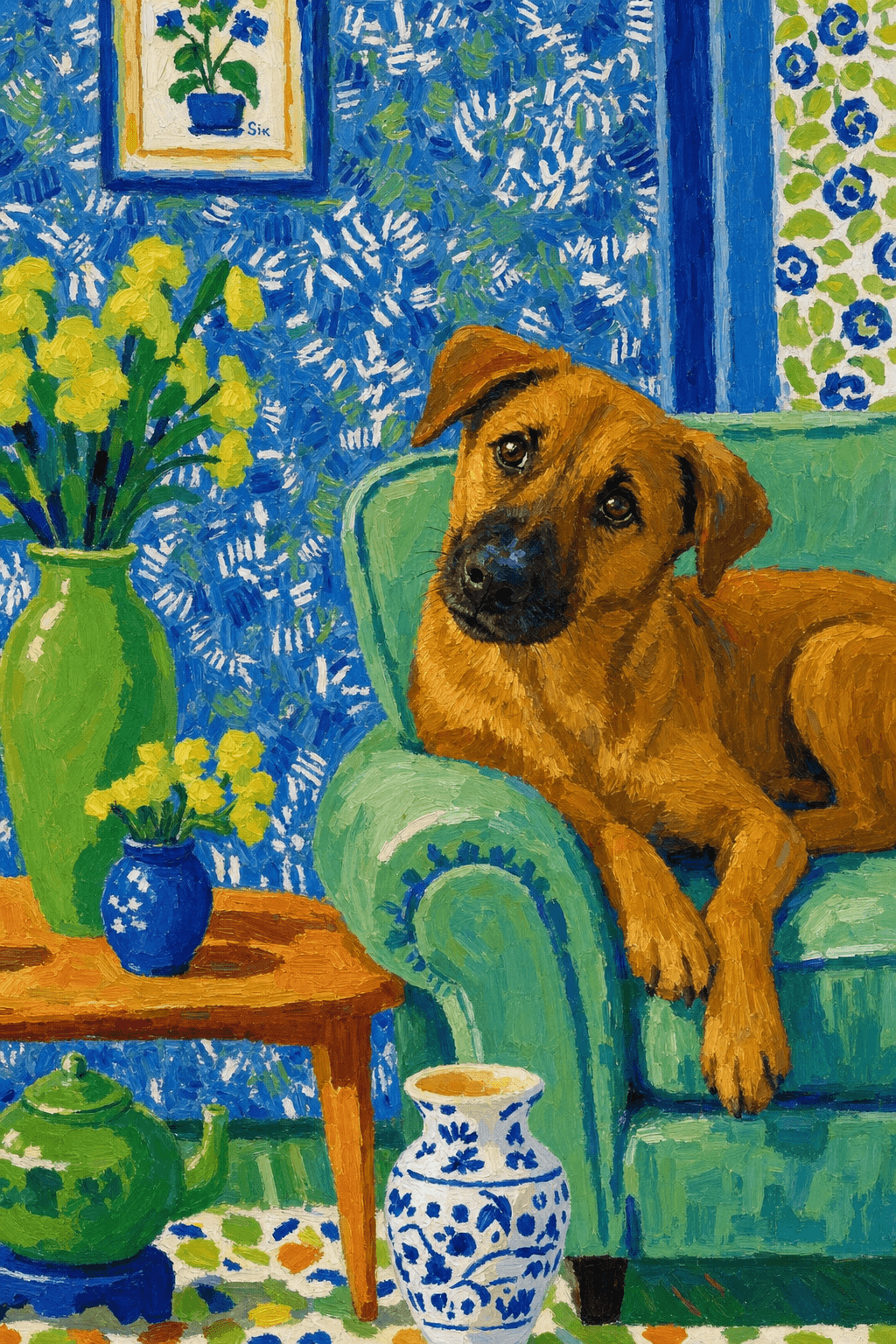 A pet lazy lying on the couch, with head tilt on the edge of couch, eye looking at the the vase. paint in post-impressionism style. Use saturated, non-naturalistic colors and flattened perspective reminiscent of Henri Matisse. painterly and expressive, utilizing thick, confident strokes and quick, rhythmic marks that prioritize texture and visual energy over realistic blending or depth.