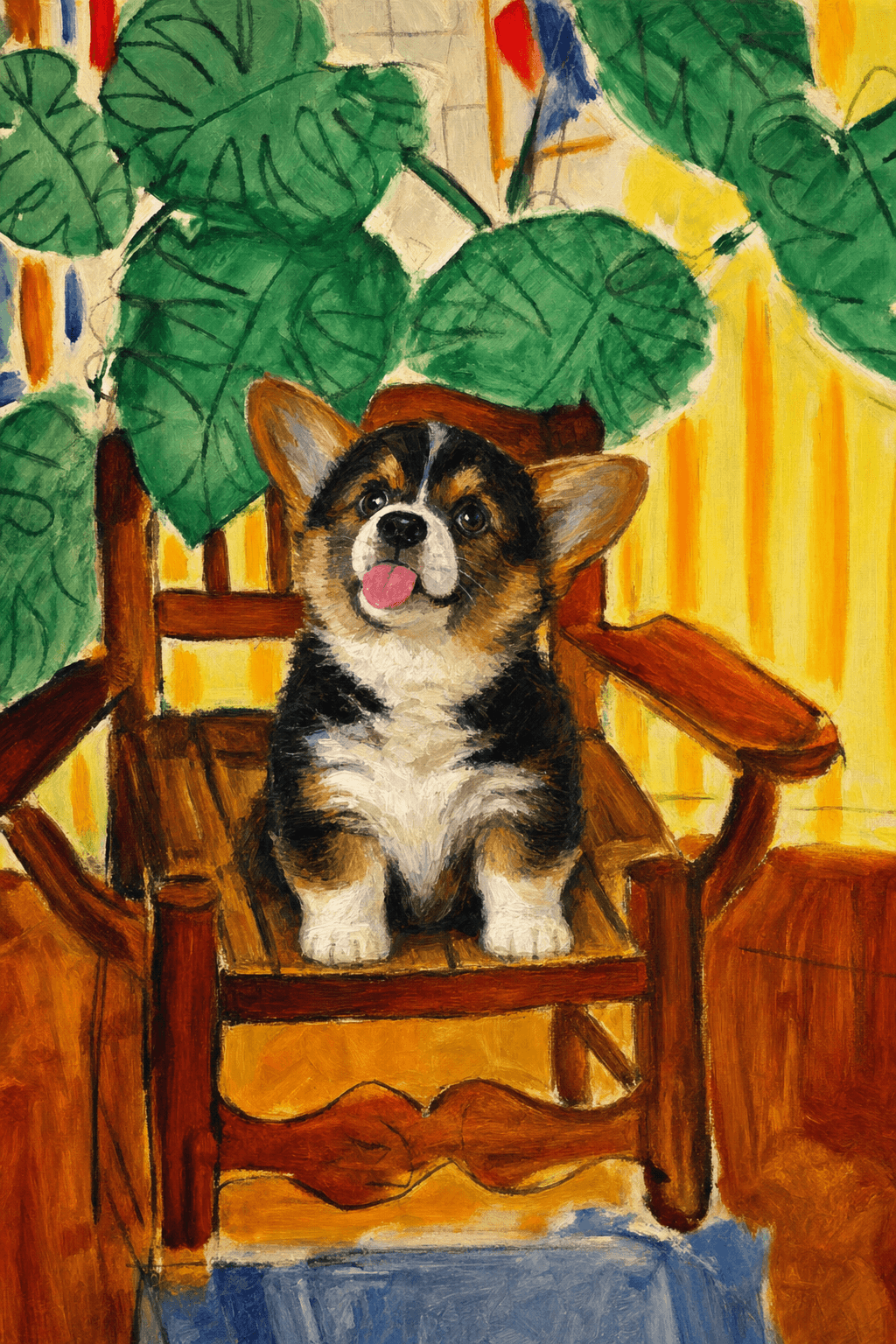 A pet sitting on a brown chair, looking at the viewer. Colors are applied with minimal blending, creating a flat, illustrative feel. The brushwork is broad, rapid, and direct. Strokes are loose, visible, applied thinly, defining the forms quickly without building up significant physical texture or impasto on the surface.