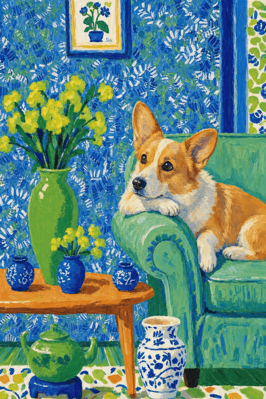 A pet lazy lying on the couch, with head tilt on the edge of couch, eye looking at the the vase. paint in post-impressionism style. Use saturated, non-naturalistic colors and flattened perspective reminiscent of Henri Matisse. painterly and expressive, utilizing thick, confident strokes and quick, rhythmic marks that prioritize texture and visual energy over realistic blending or depth.