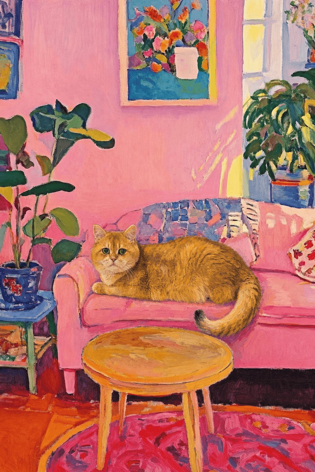 The painting shows a cozy, colorful interior with a warm pink wall and a large pink sofa in the foreground.
The pet is resting lazily on a bright pink velvet sofa. The pet’s looked completely relaxed and content.
The overall mood is cheerful and intimate, with bold outlines, visible brushstrokes, and slightly simplified forms.
Art Style: Paint in Fauvism, post-impressionism style. Use simplified shapes, exaggerates color, and flattens perspective to create charm and personality.
Use saturated, non-naturalistic colors and flattened perspective reminiscent of Henri Matisse.
The brushwork is loose, visible, and painterly, with uneven strokes that give the surface texture and movement.
Paint with large areas of flat color patches, simplified shapes, bold decorative outlines, and minimal blending.
The composition is flattened and slightly distorted, with compressed perspective.
The painting is expressive, utilizing thick, confident strokes and quick, rhythmic marks that prioritize texture and visual energy over realistic blending or depth.