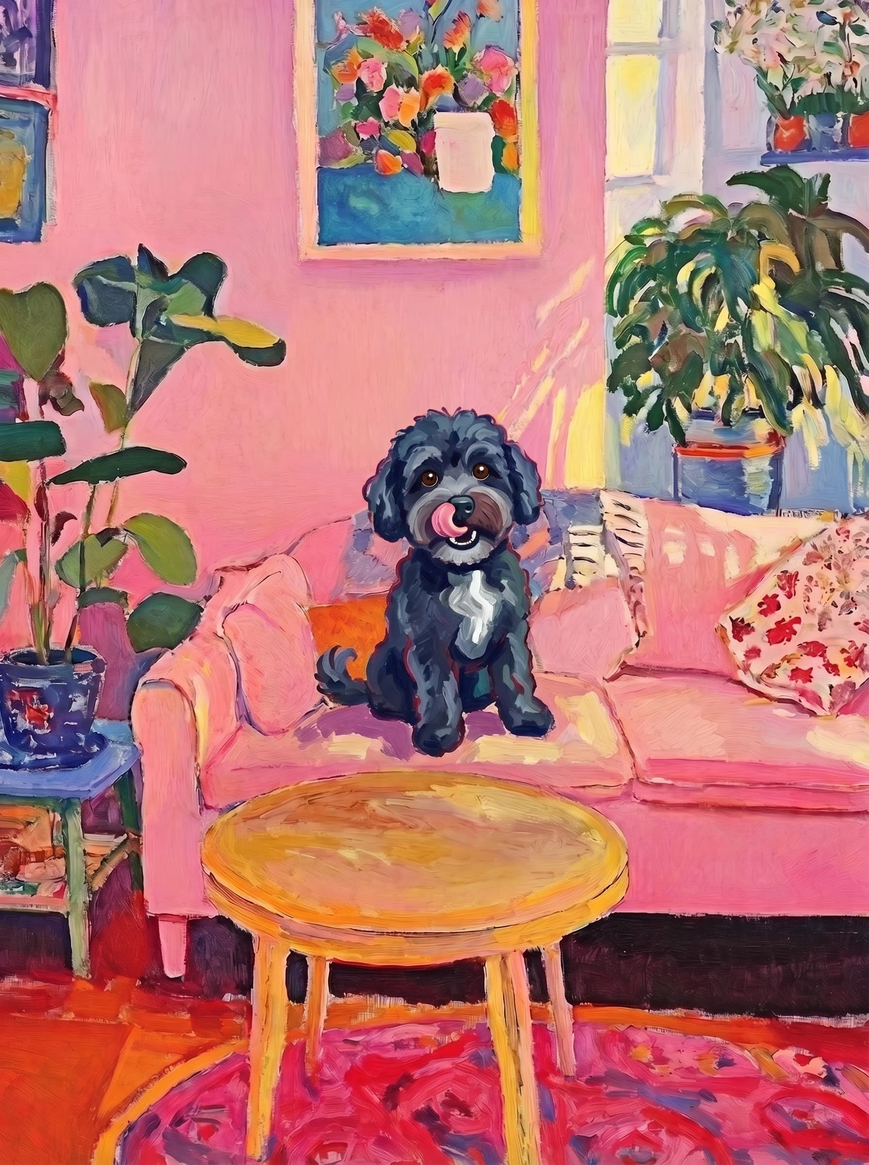 The painting shows a cozy, colorful interior with a warm pink wall and a large pink sofa in the foreground.
      The pet is resting lazily on a bright pink velvet sofa. The pet’s looked completely relaxed and content.
      The overall mood is cheerful and intimate, with bold outlines, visible brushstrokes, and slightly simplified forms.
      Art Style: Paint in Fauvism, post-impressionism style. Use simplified shapes, exaggerates color, and flattens perspective to create charm and personality.
Use saturated, non-naturalistic colors and flattened perspective reminiscent of Henri Matisse.
The brushwork is loose, visible, and painterly, with uneven strokes that give the surface texture and movement.
Paint with large areas of flat color patches, simplified shapes, bold decorative outlines, and minimal blending.
The composition is flattened and slightly distorted, with compressed perspective.
The painting is expressive, utilizing thick, confident strokes and quick, rhythmic marks that prioritize texture and visual energy over realistic blending or depth.