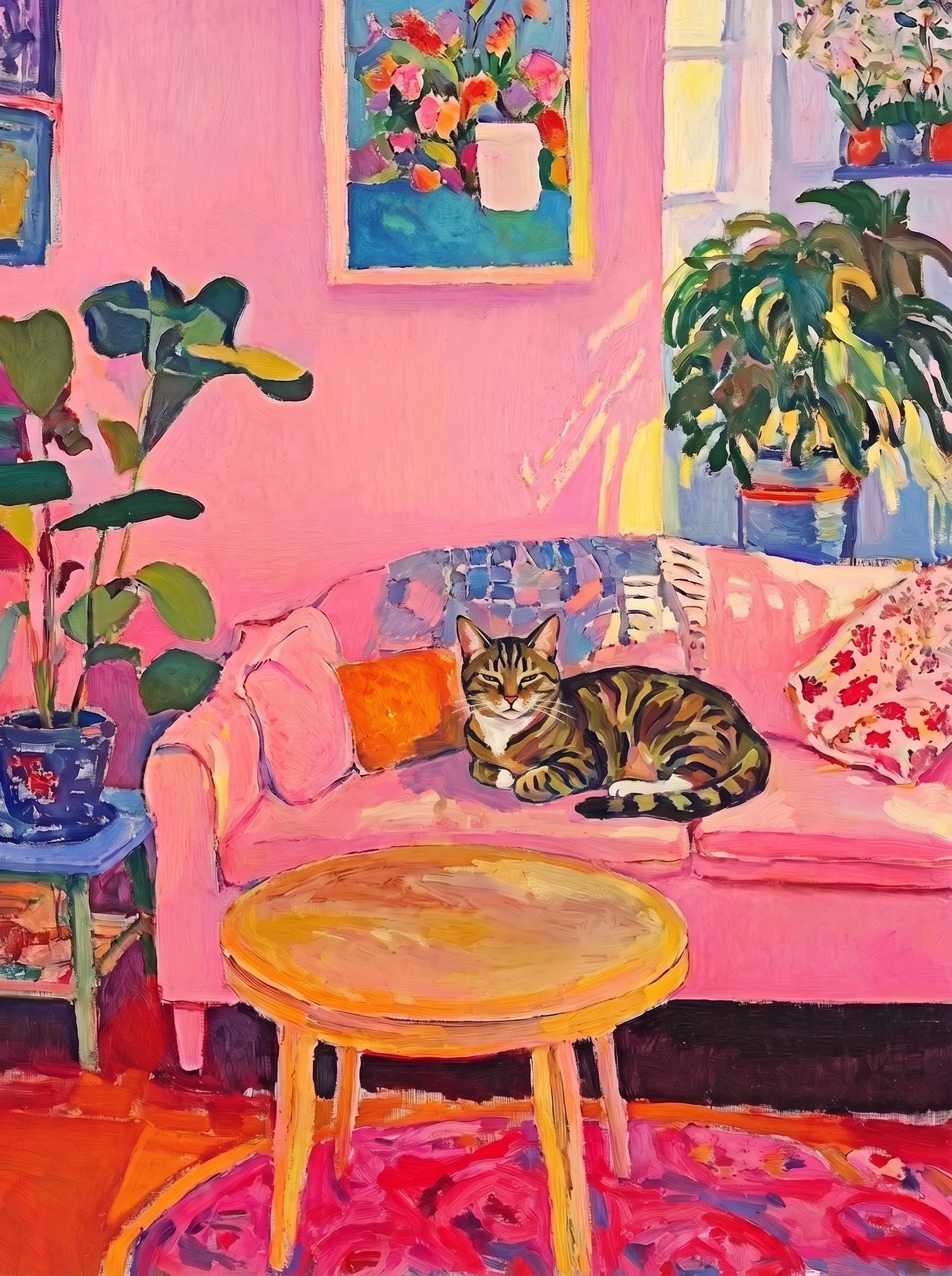 The painting shows a cozy, colorful interior with a warm pink wall and a large pink sofa in the foreground.
      The pet is resting lazily on a bright pink velvet sofa. The pet’s looked completely relaxed and content.
      The overall mood is cheerful and intimate, with bold outlines, visible brushstrokes, and slightly simplified forms.
      Art Style: Paint in Fauvism, post-impressionism style. Use simplified shapes, exaggerates color, and flattens perspective to create charm and personality.
Use saturated, non-naturalistic colors and flattened perspective reminiscent of Henri Matisse.
The brushwork is loose, visible, and painterly, with uneven strokes that give the surface texture and movement.
Paint with large areas of flat color patches, simplified shapes, bold decorative outlines, and minimal blending.
The composition is flattened and slightly distorted, with compressed perspective.
The painting is expressive, utilizing thick, confident strokes and quick, rhythmic marks that prioritize texture and visual energy over realistic blending or depth.